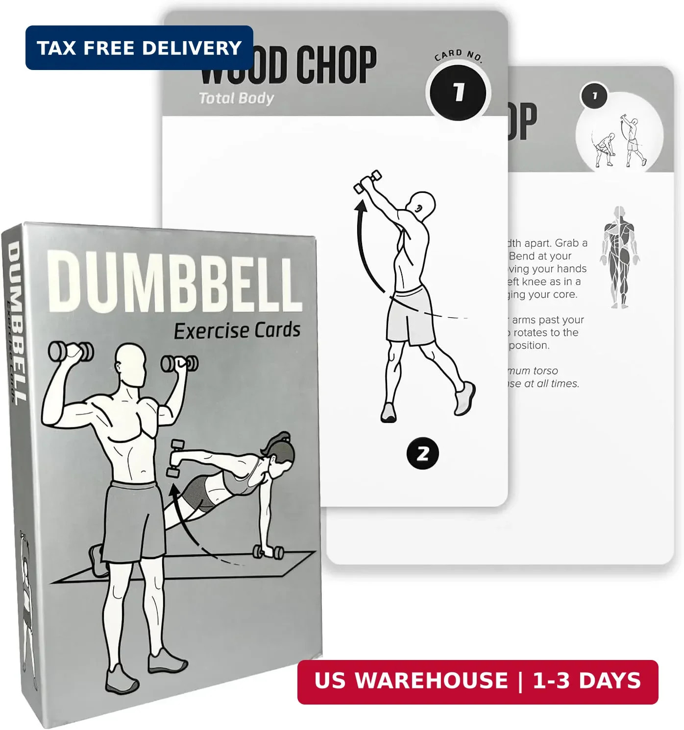 Dumbbell Workout Cards, 62 Large 5"x3.5" Exercise Cards for Home & Gym, Strength