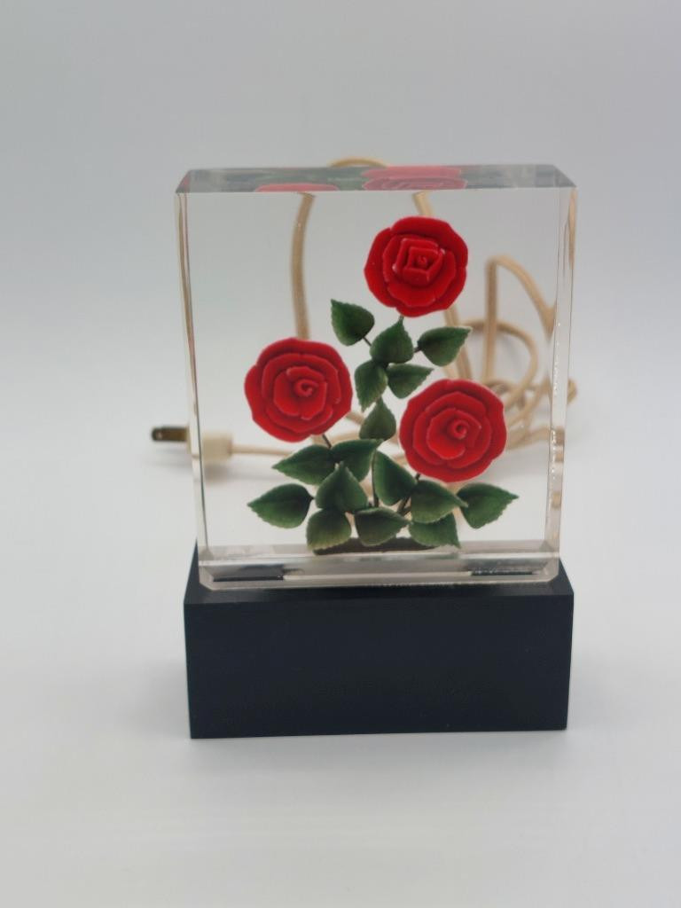 Vintage Red Roses Lucite Lamp Night Light Hollywood Regency -Works