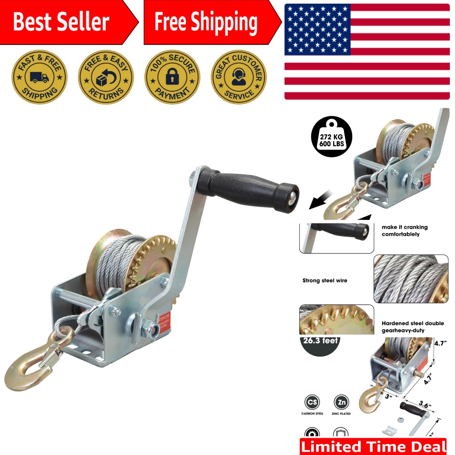 Portable 600lbs Steel Cable Winch with Anti-Slip Handle – Versatile Use