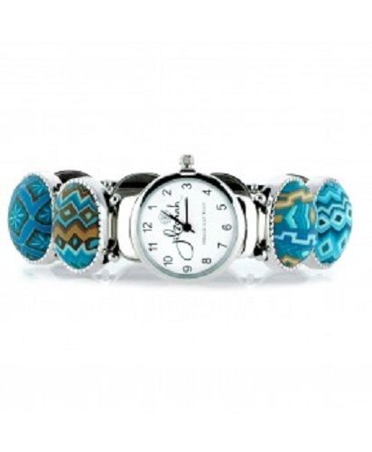 NEW JILZARA Premium Inlaid Clay Beads AZTEC BLUE Multi Color OVAL Watch