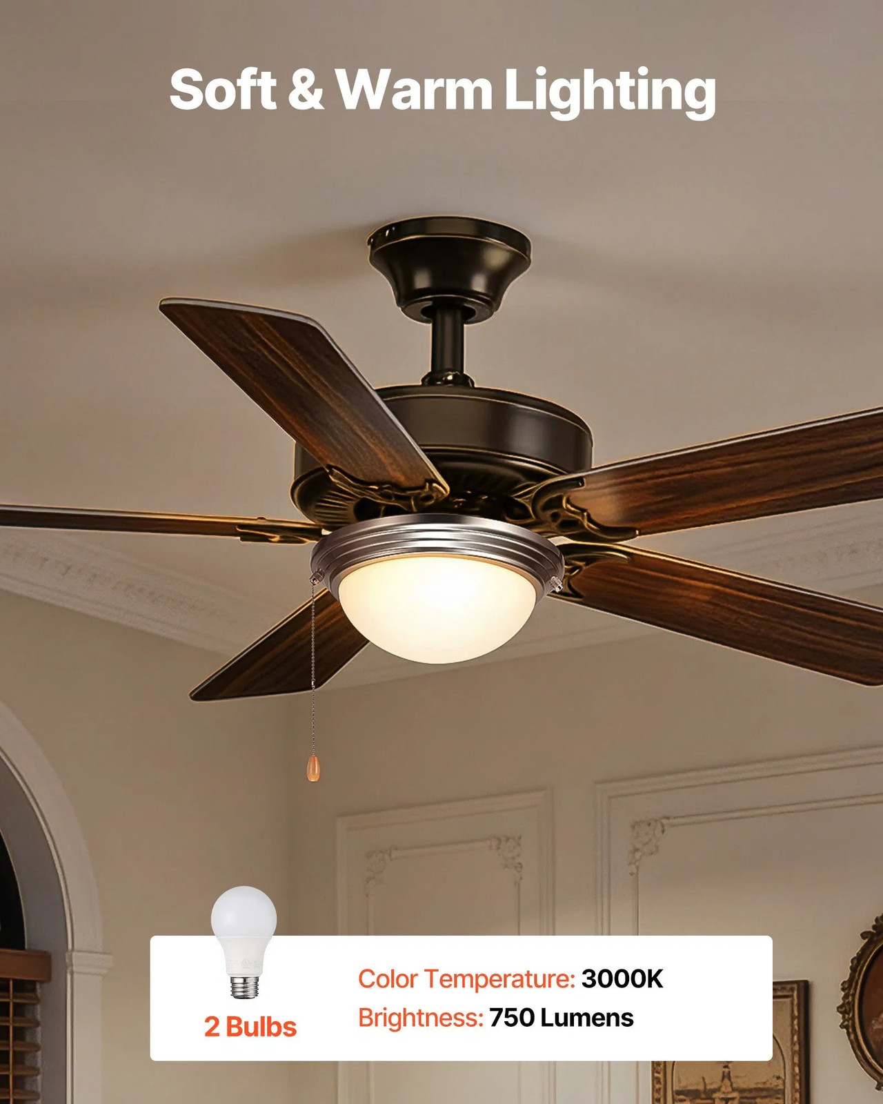 Ceiling Fan Light Kit, 750lm 3000K Fan Light Kit with Pull Chain, 2 LED Bulbs, M