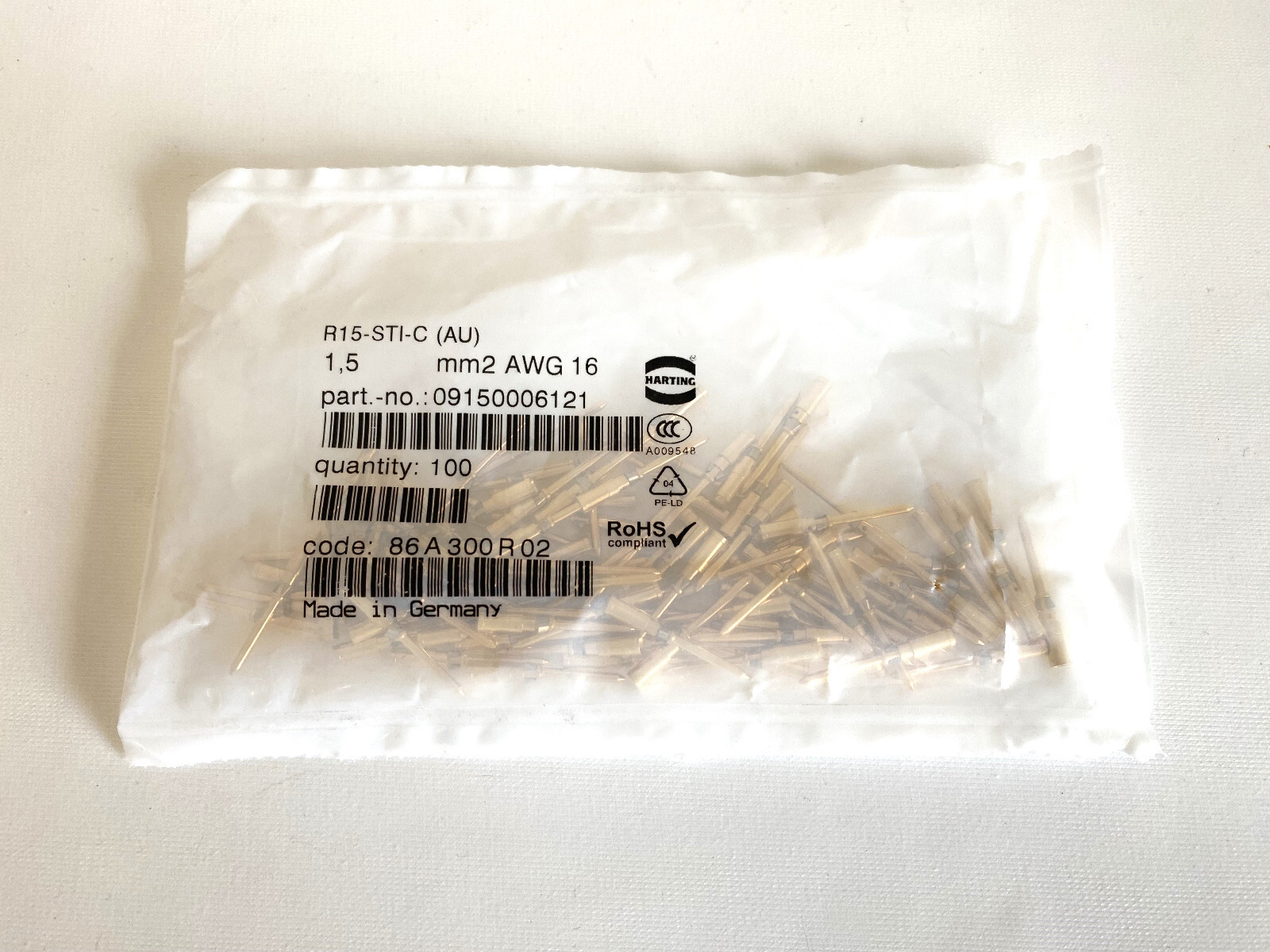 100x Harting 09150006121 D-Crimp Contact Contact Pin 1.5 mm² R 15-STI-C (AU)