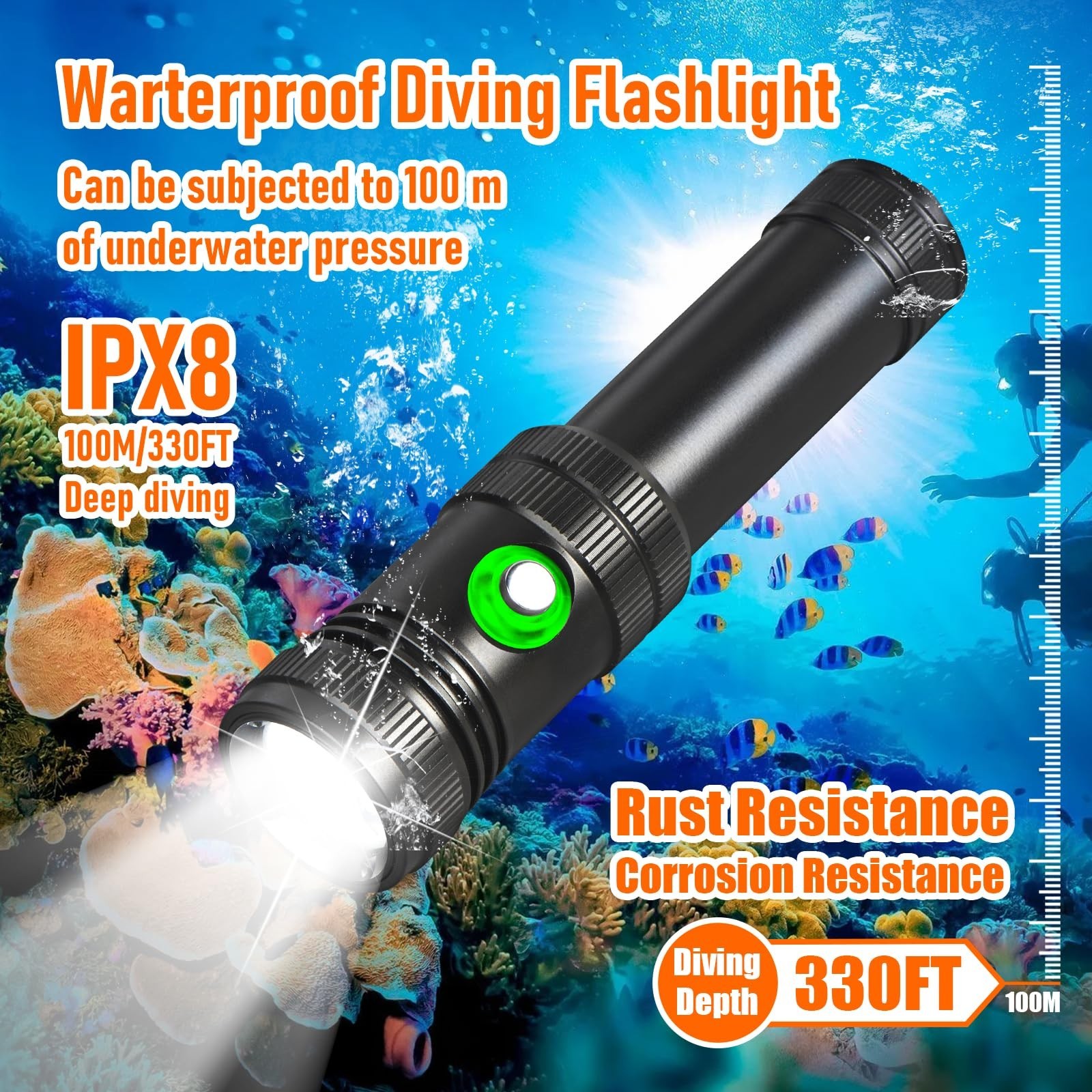 Super Bright 2000 Lumens Dive Light - 4 Modes, IP68 Waterproof, USB Rechargeable