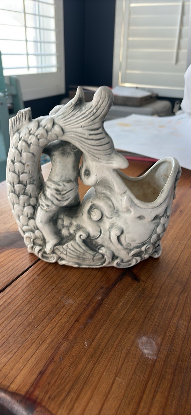 Ceramic Koi Carp Planter With Cherub Nautical Grey