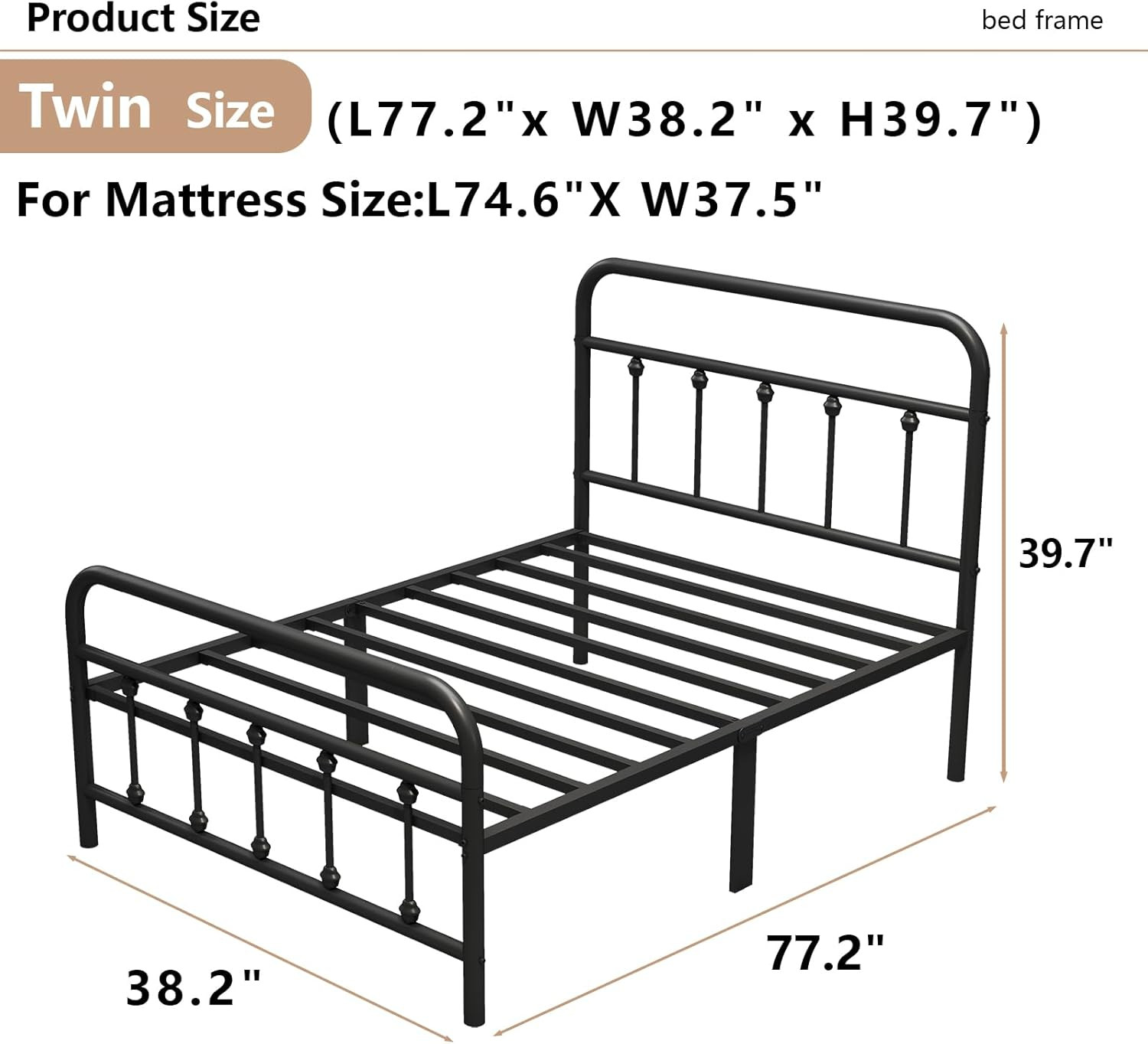 Twin Metal Bed Frame with Headboard, Heavy Duty, No Box Spring Needed, Black