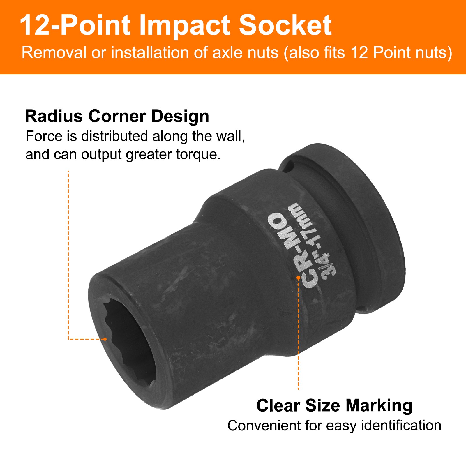 3/4-Inch Drive 12 Point Impact Socket 17mm Spindle Axle Nut Socket Driver