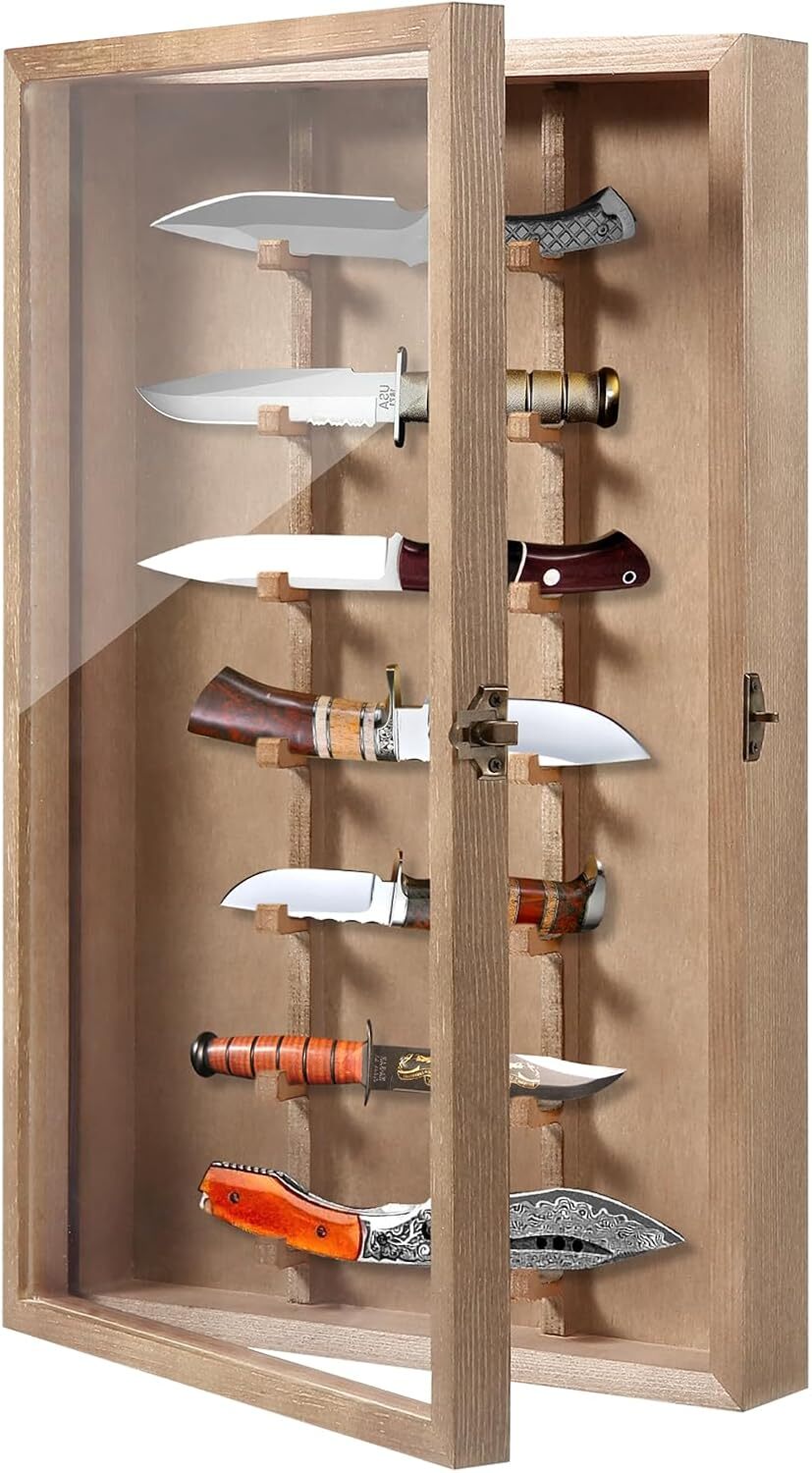 Wooden Collection Knife Display Case Acrylic Door Wall Mount Pocket Knives Box