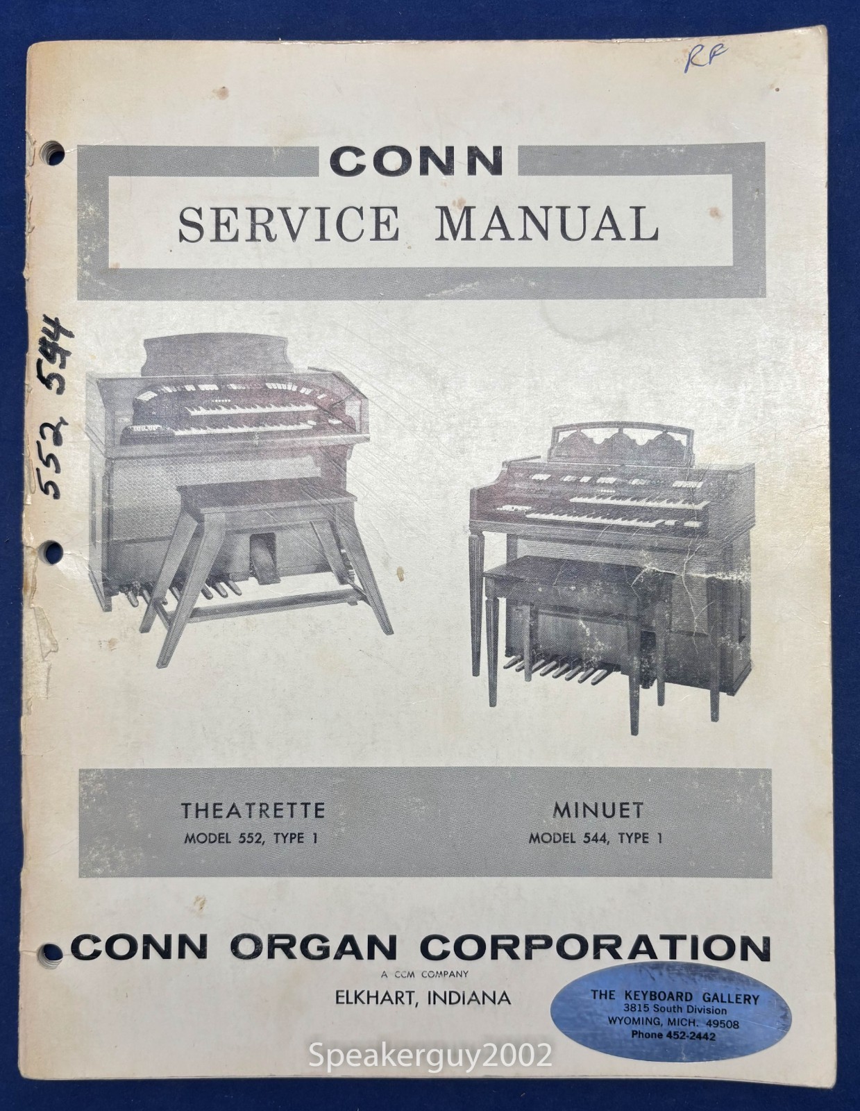 Original Conn Organ Service Manual / Thearette 552 Minuet 544 Type 1