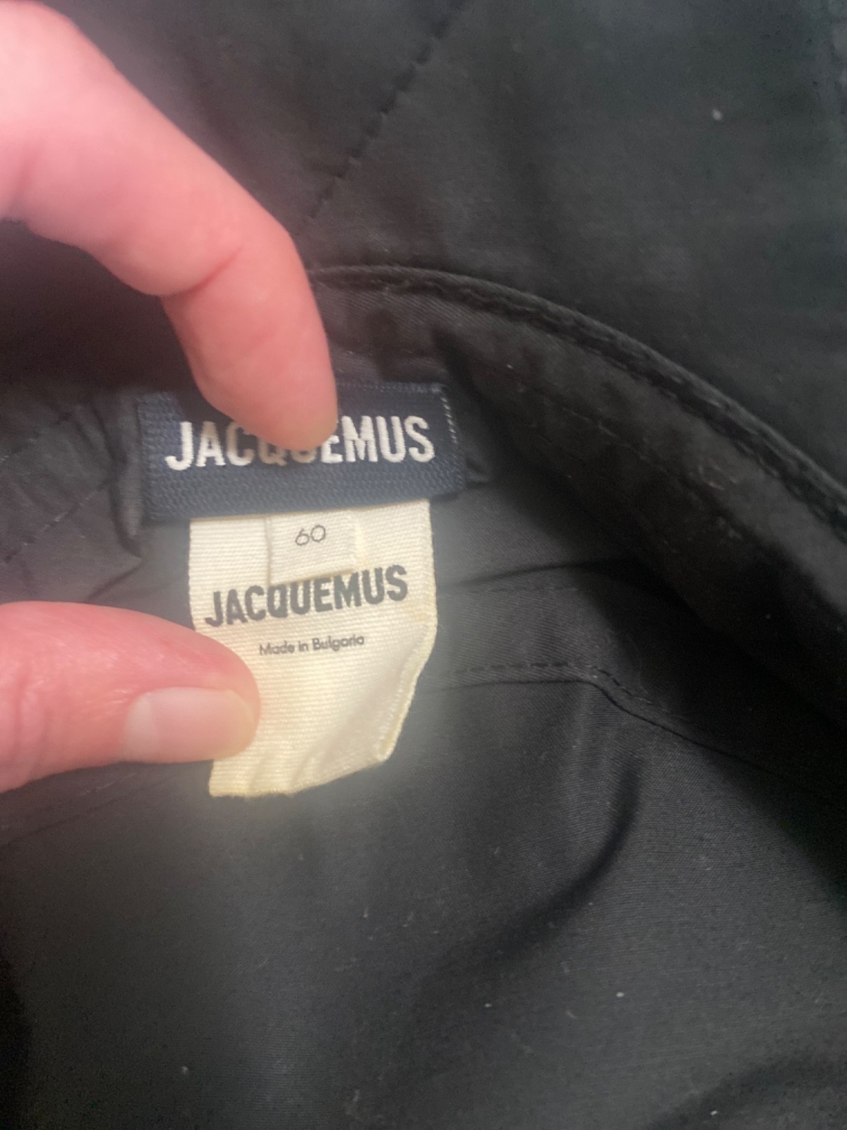 Jacquemus bucket hat black quilted style brim white logo