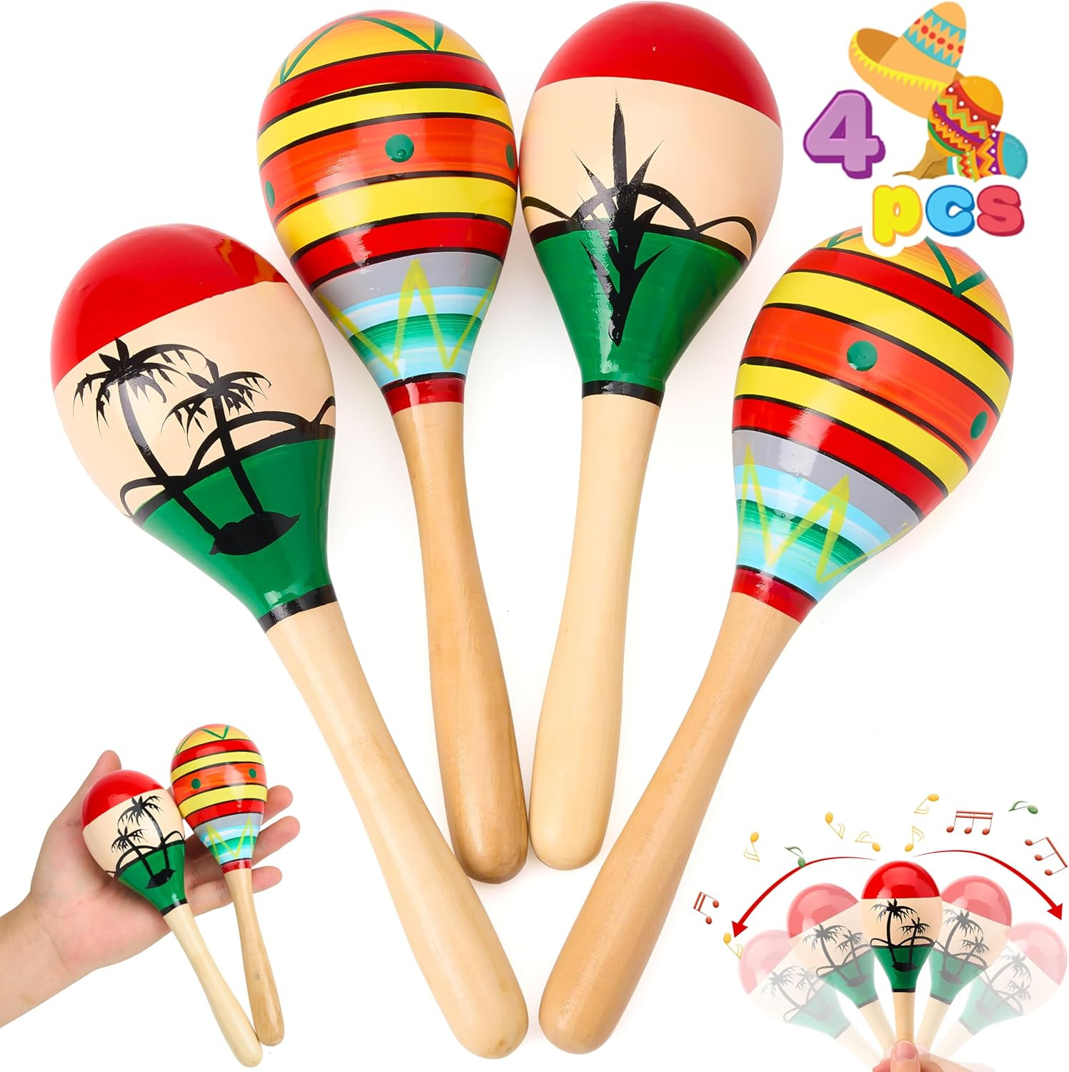 4PCS Wooden Maracas 7.6in for Kids Cinco de Mayo Fiesta Party Musical Noisemaker