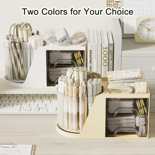 Rotating Desk Organizer with 2 Drawer, 6 Slots Multi-Functional Pencil Beige
