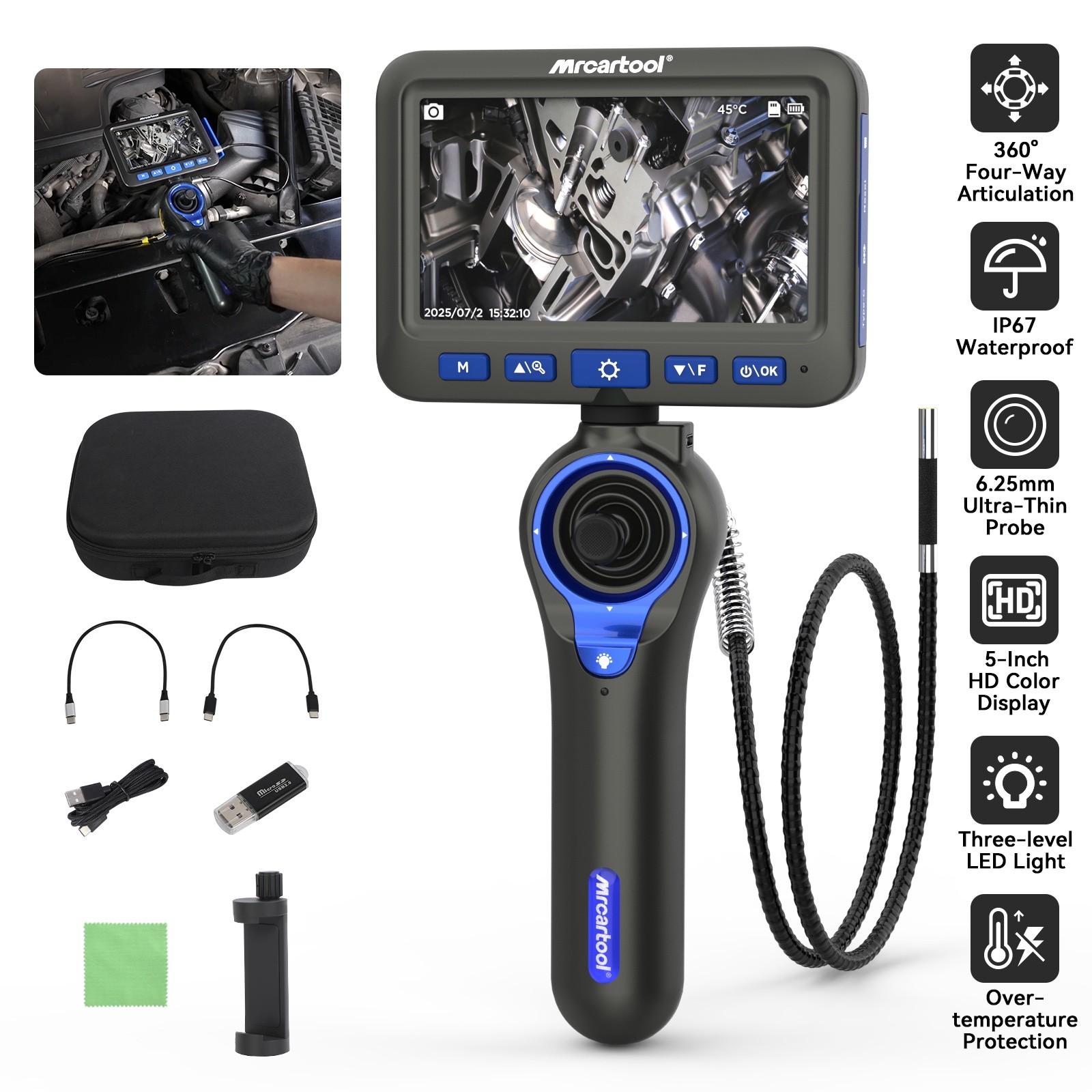 Endoscope Inspection Camera Four way 360° Articulating Borescope 5inch 6.25mmlen