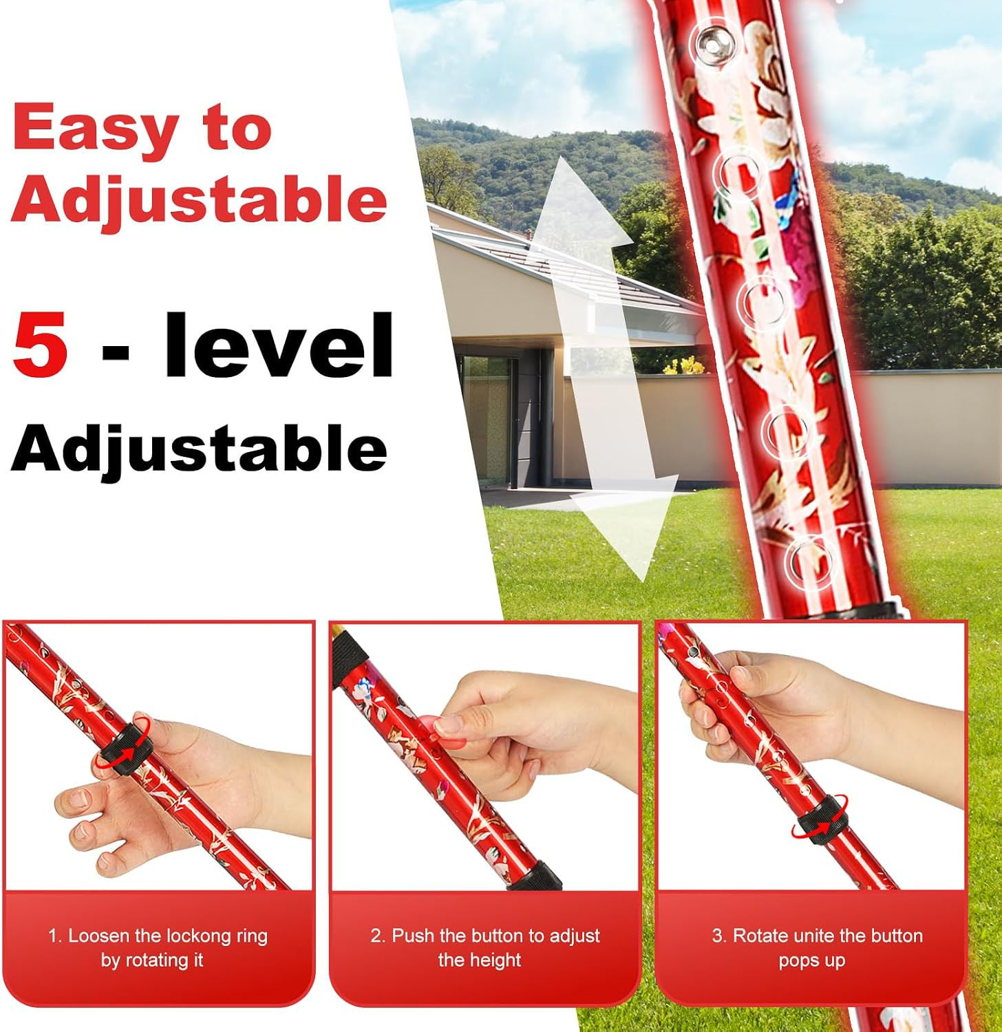 Folding Cane, Portable 5-Level Adjustable Height Walking Stick with Foldable ...