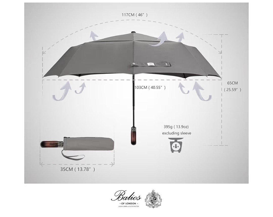 Balios Travel Folding Umbrella with Real Wood Handle Auto Open Close Vented...