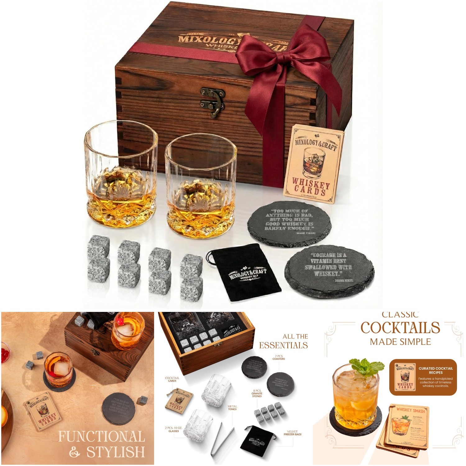 10oz Lead-Free Crystal Whiskey Glasses & Stones Gift Set With Recipe Cards