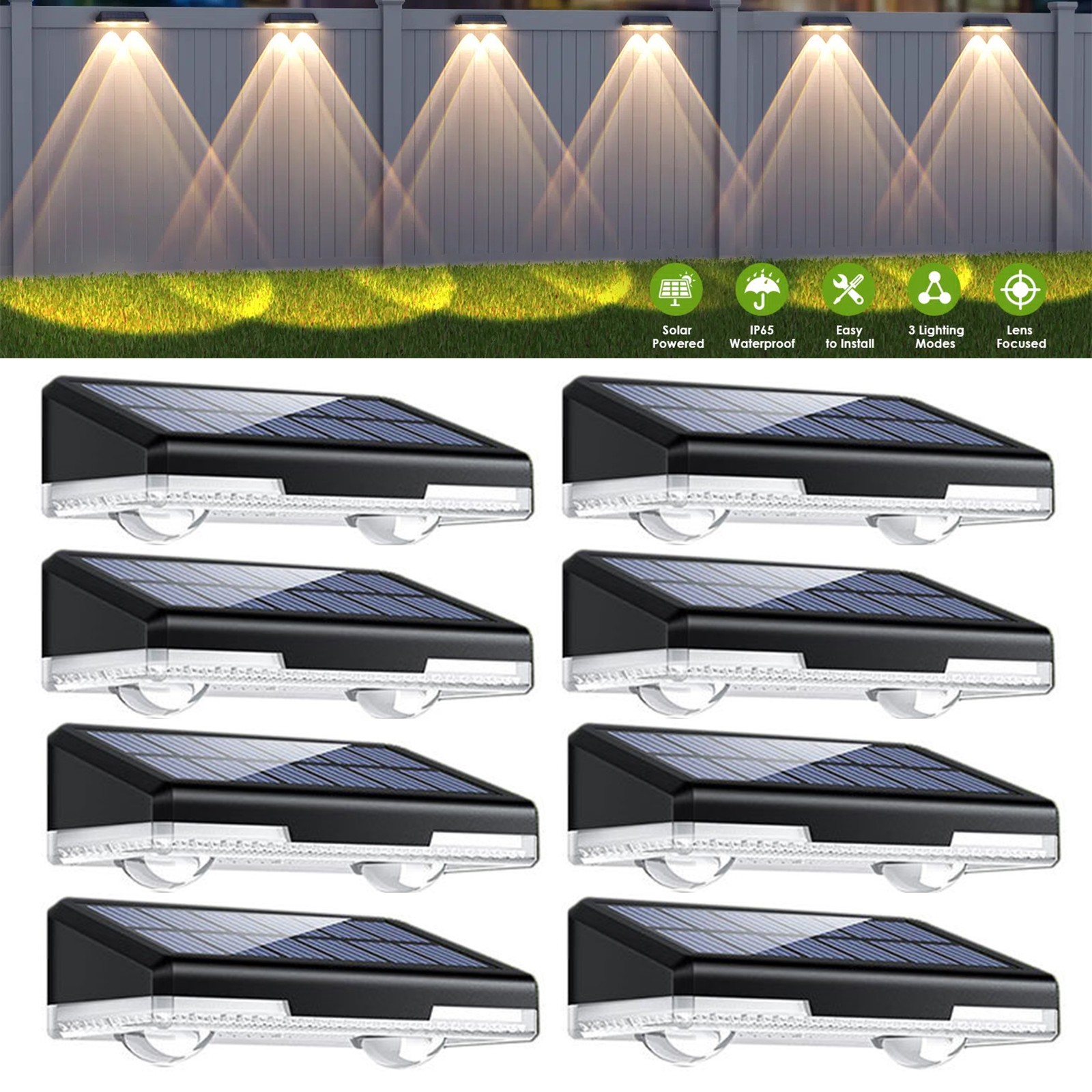 8Pc Solar Fence Lights Outdoor 2700/4000/6000K 3 Mode Waterproof LED Fence Light