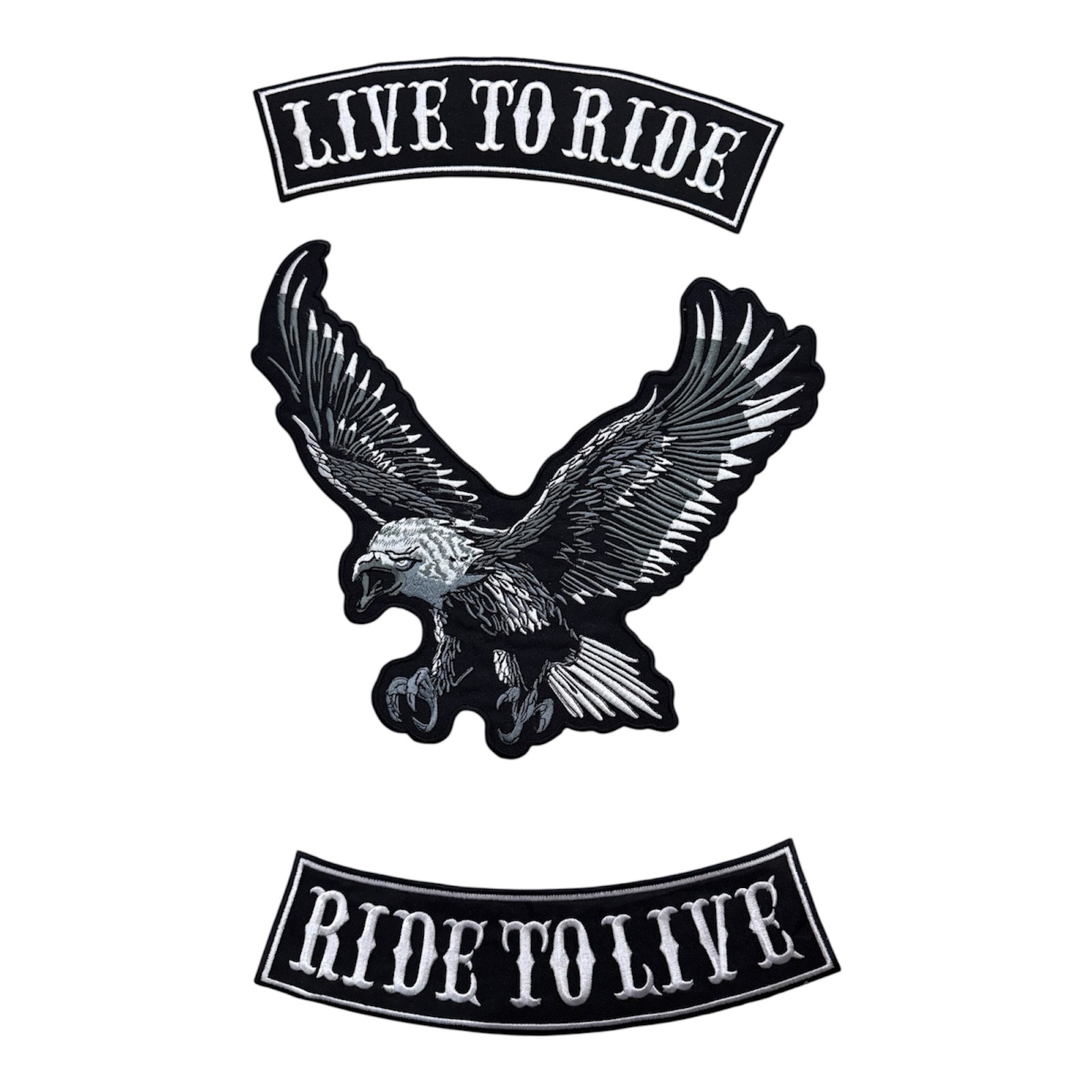 LIVE TO RIDE Rocker Patches | "Ride To Live" | Embroidered Iron On | Large eagle