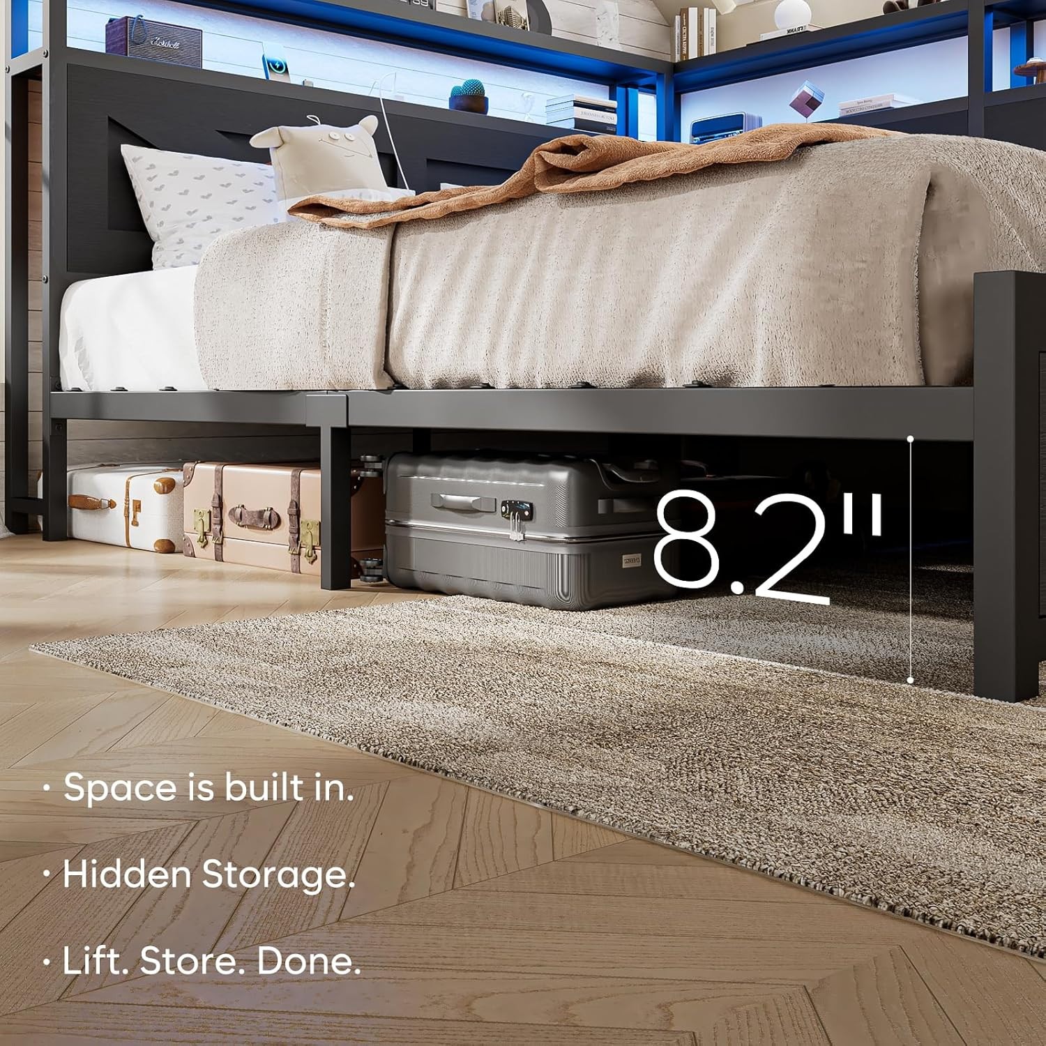 Corner Queen Size Bed Frame with Headboard and Storage Bookcase Large Capacity F