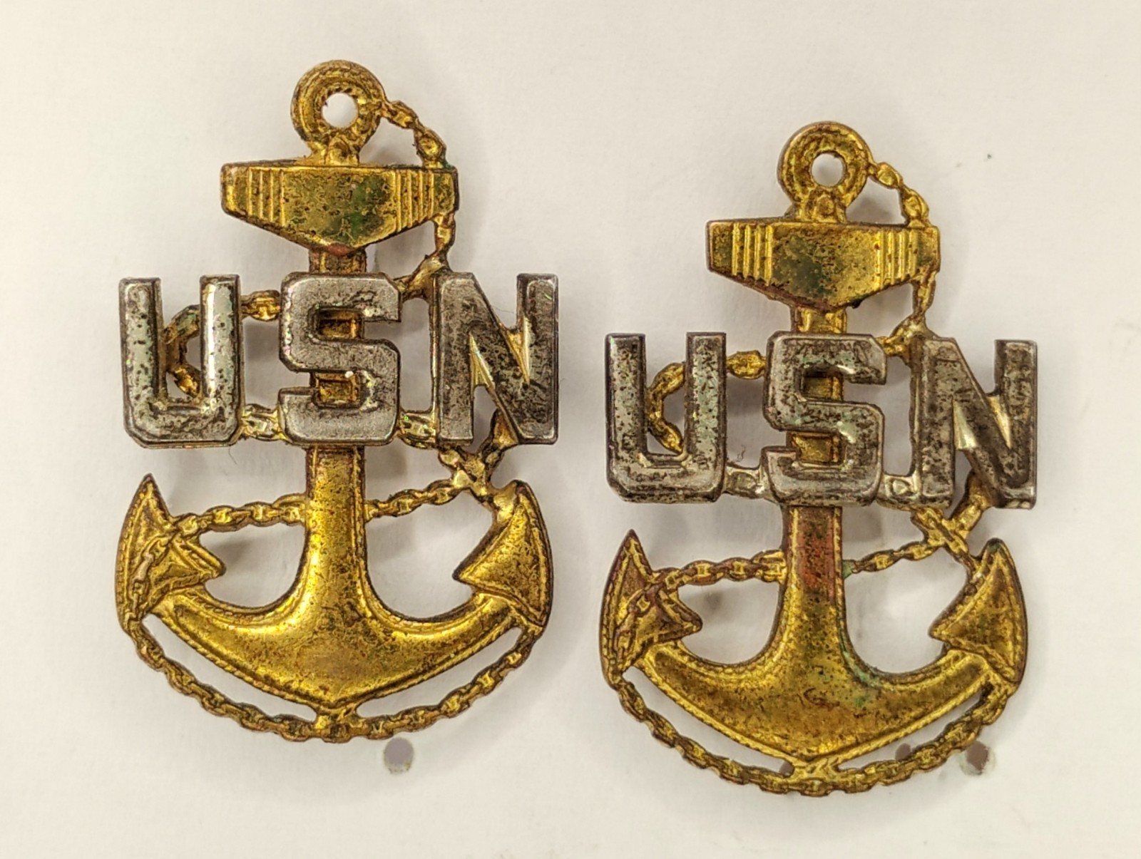Vintage US Navy CPO Chief Petty Officer Sterling Silver Collar Device Pin Pair