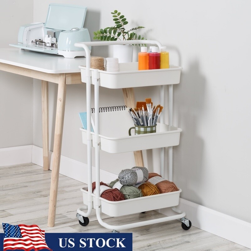 3-Tier Rolling Craft Cart W/ Handle Storage Organizer Mobile Utility Cart New
