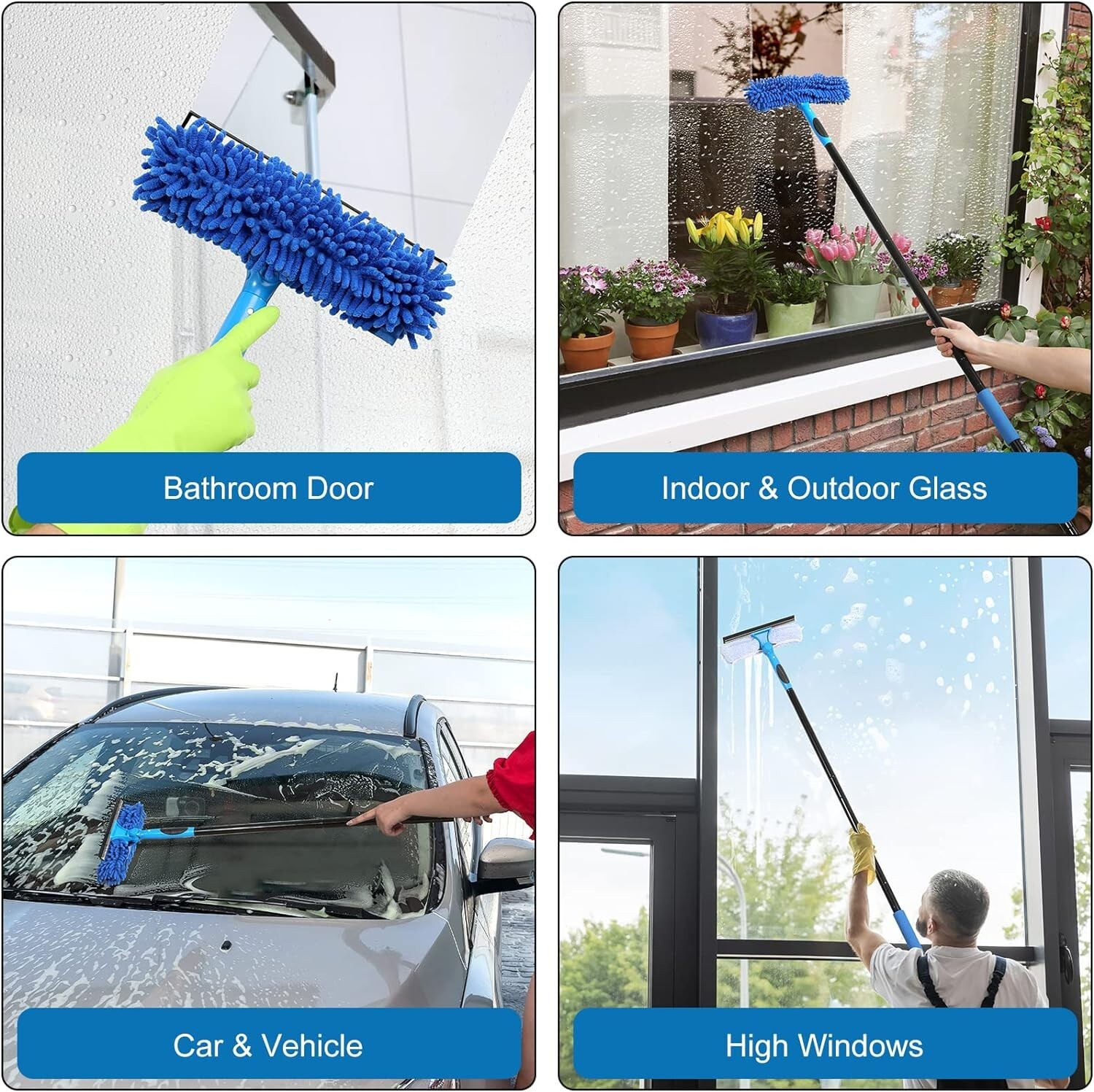 Professional 69'' Window Squeegee Cleaner Tool with Extension Pole with Scrubber