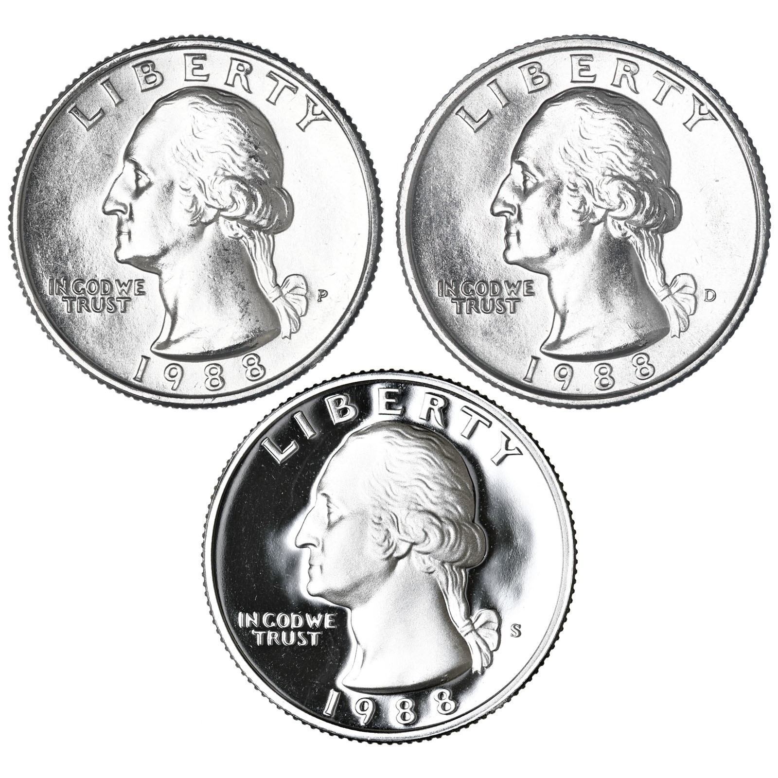 1988 P D S Washington Quarters CN-Clad BU & Gem Proof 3 Coin Year Set