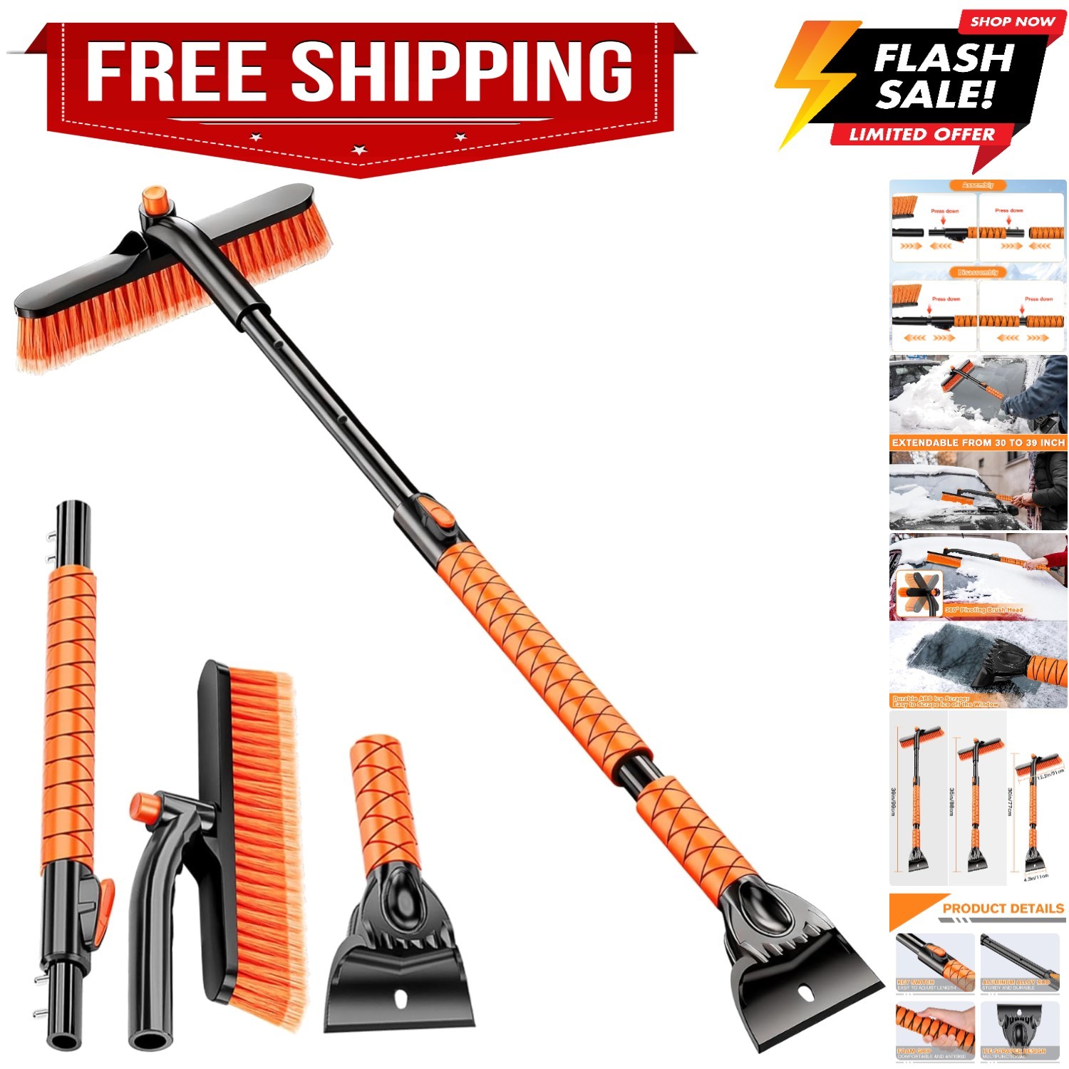 Extendable and Ice Scraper for Car, 30"-35"-39" Adjustable Long Handle & 4.3"...
