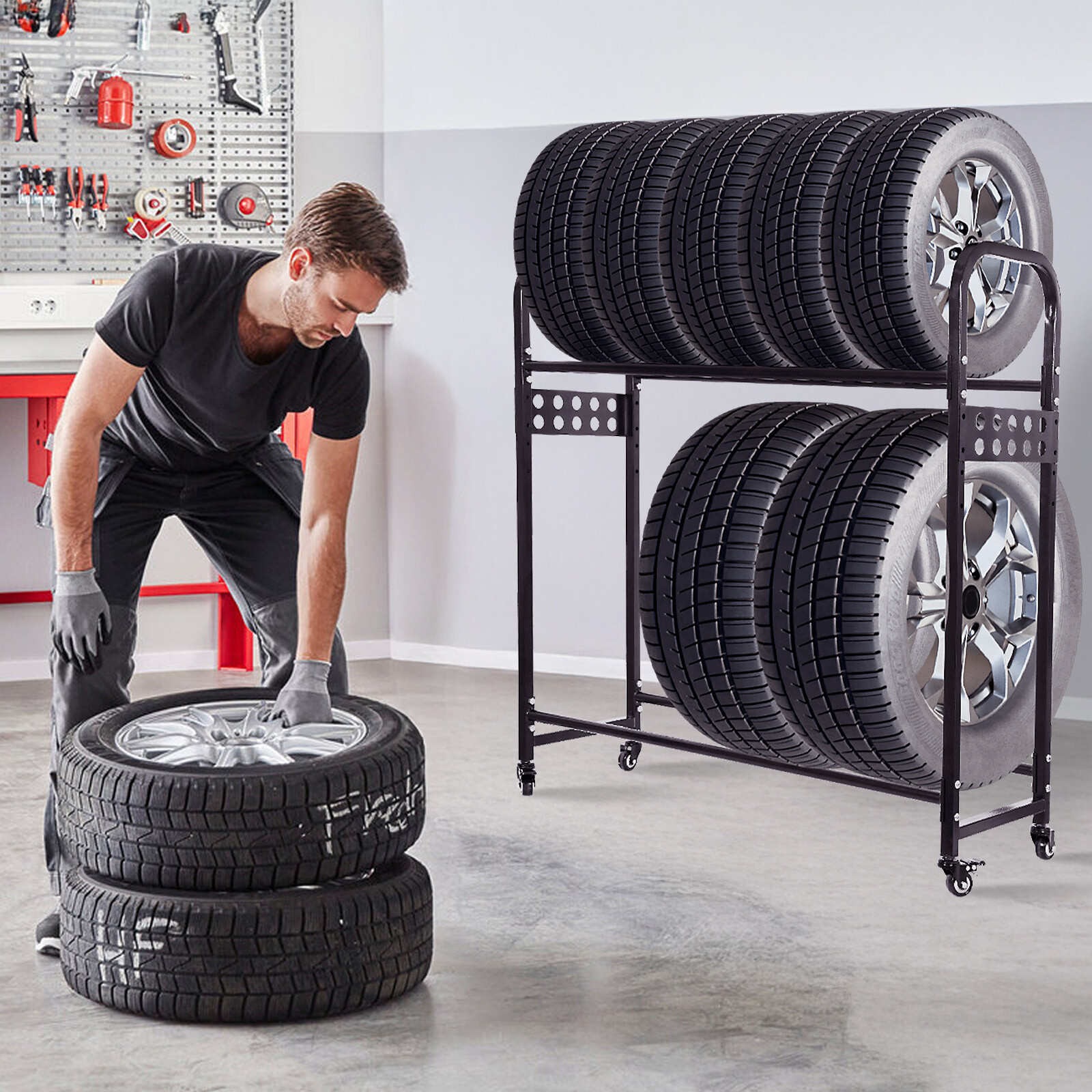 Rolling Tire Rack Metal Adjustable Tire Stand for Indoor/Outdoor Use 44x15x47.2"
