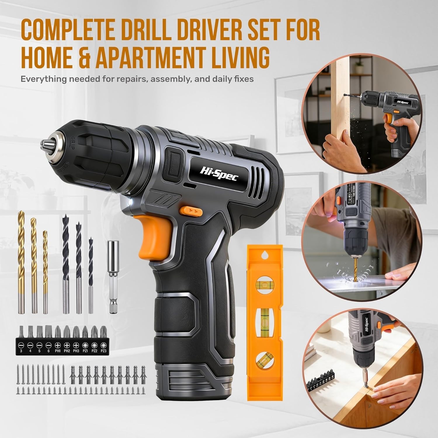 Hi-Spec 8V USB Cordless Drill Driver Kit w/ Bits Wall Hanging Set Grey