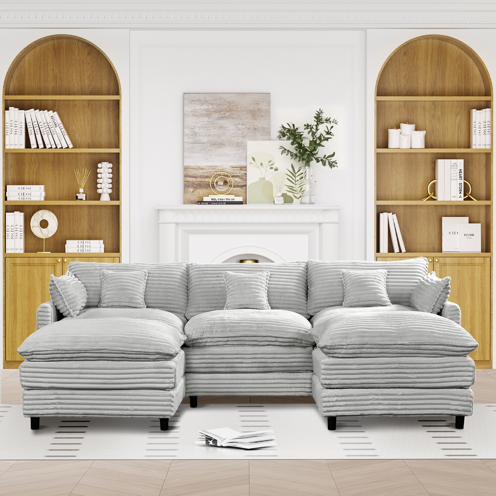 148-inch seven-piece sofa set, with a center console, coffee table and six pillo