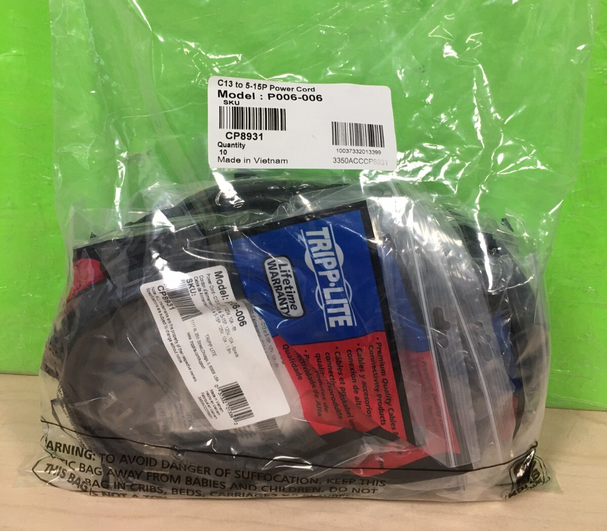 NEW! 10 PACK Tripp-Lite C13 to 5-15P Power Cord, P006-006 Power Cables