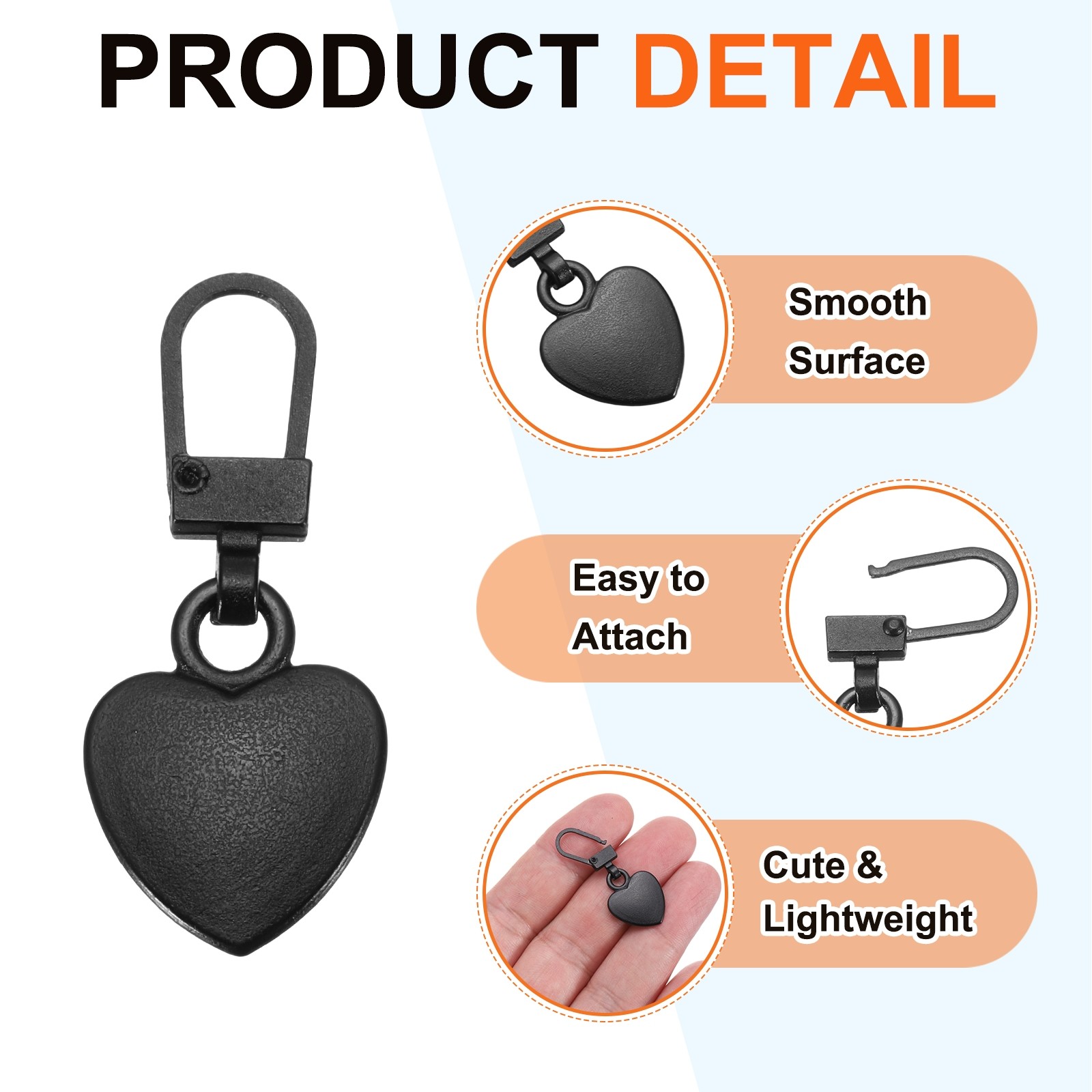 Zipper Pull Charm 10 Pcs Heart Shape Zipper Pull Replacement, Black