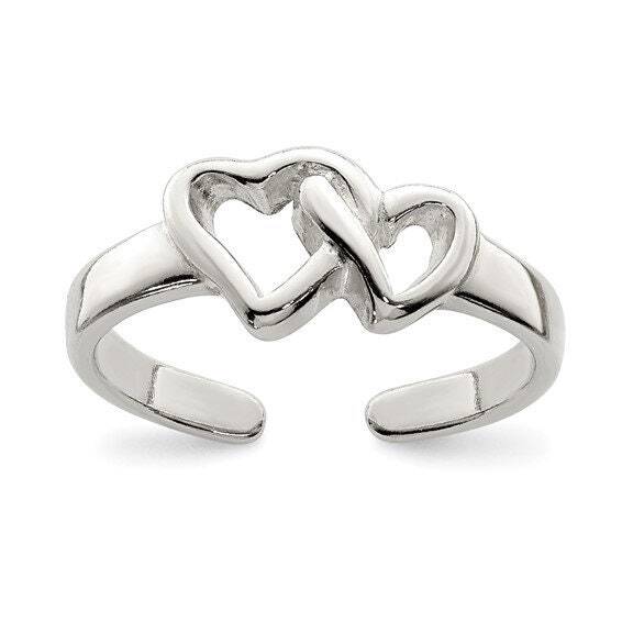 Polished Double Hearts Toe Ring - Solid Sterling Silver Open Adjustable