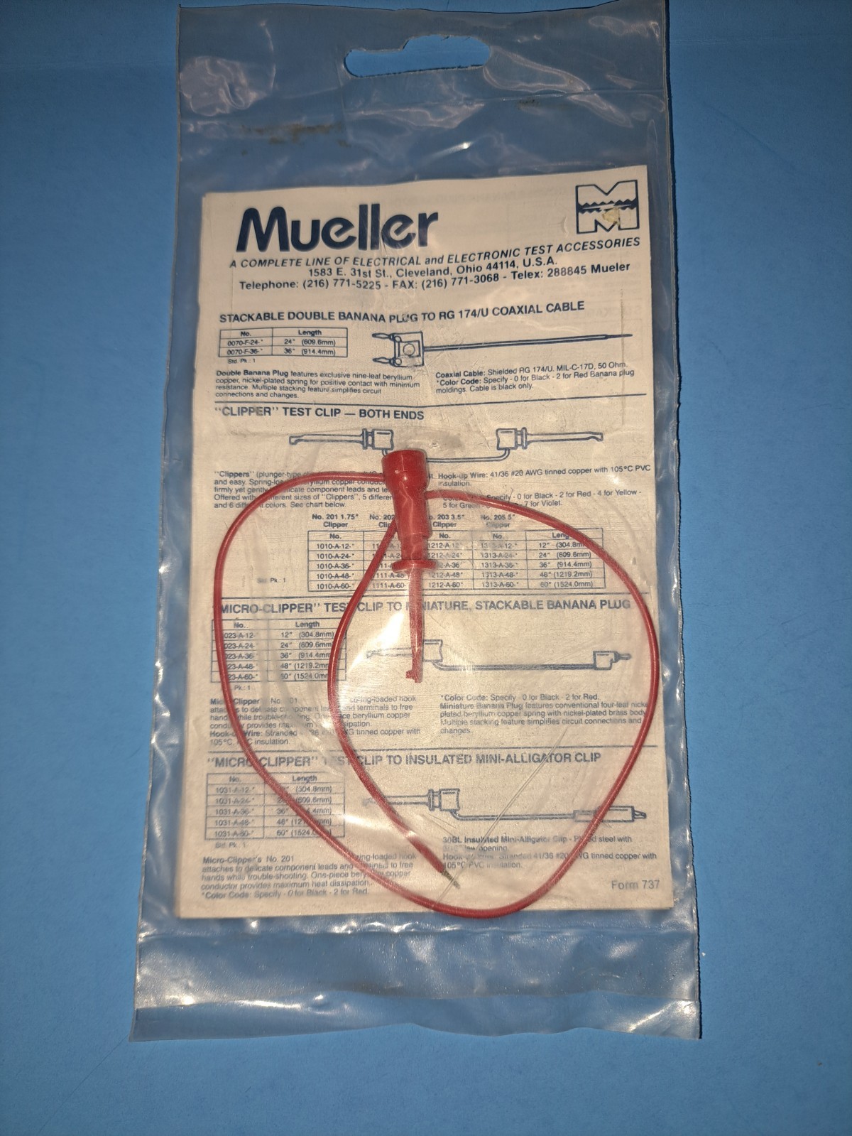 Mueller 1449-E-12-2 Micro-Mini-Clipper Clip to Tinned End Wire Red 12"  ( one )