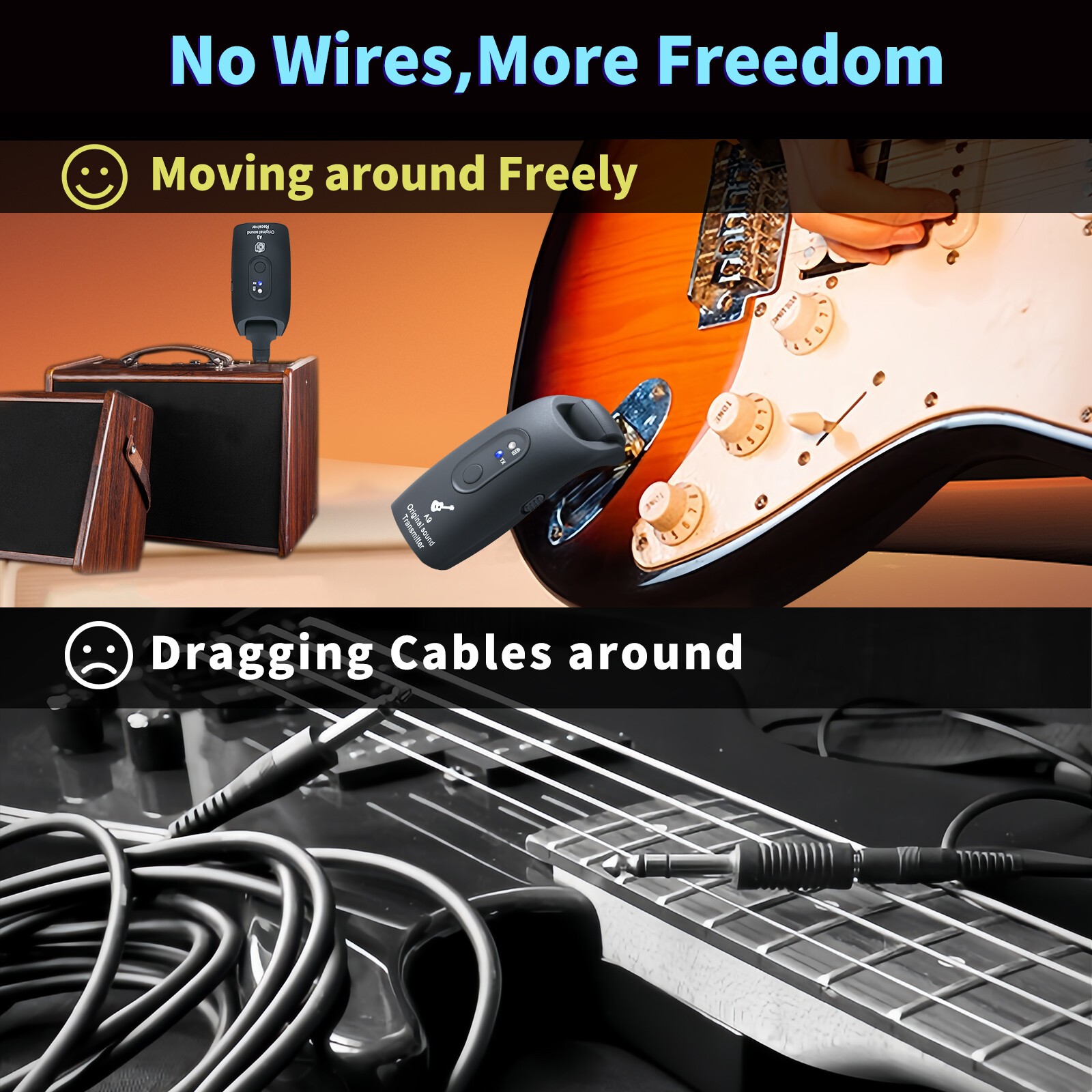 2.4GHz Wireless Guitar System Guitar Transmitter Receiver 100ft Rechargeable