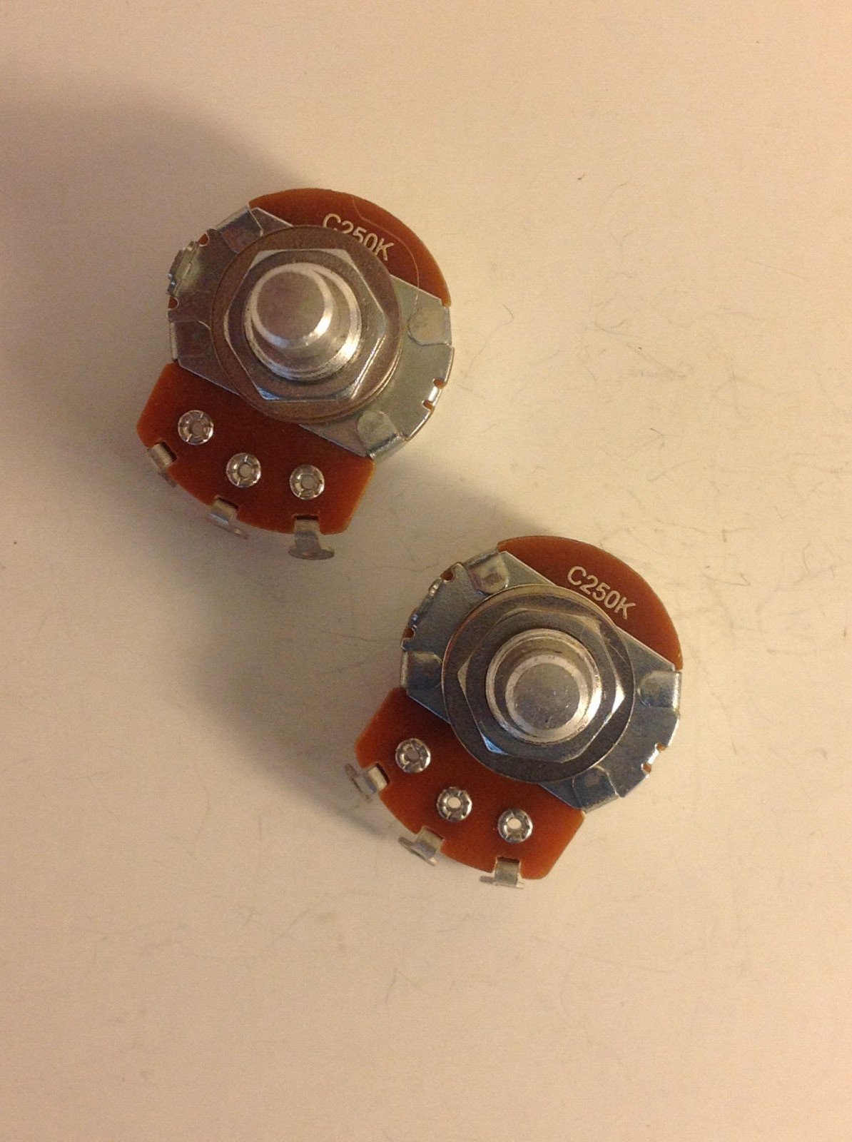 2x Alpha 250K Reverse Audio Potentiometers Solid Shaft US Spec Lefty Guitar Pots