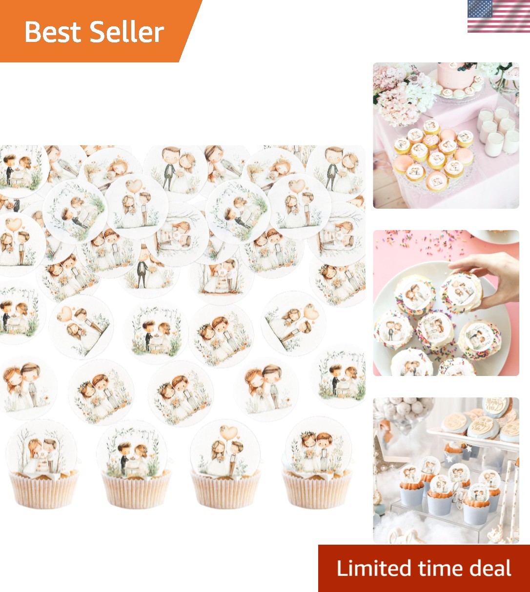 40PCS Edible Circle Wedding Groom Bride Cupcake Toppers Mr Mrs Cupcake Picks ...
