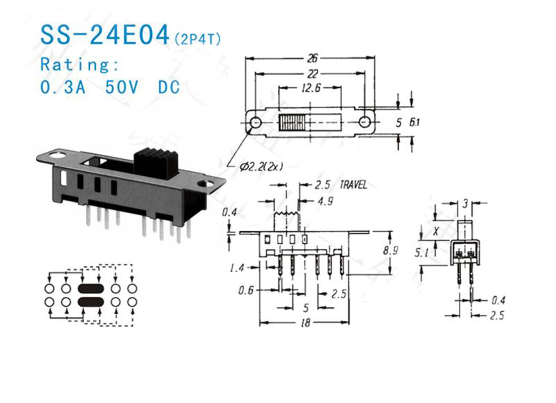 10x SS-24E04 PCB 10 Pin 4 Position 2P4T DP4T Mini Vertical Slide Switch