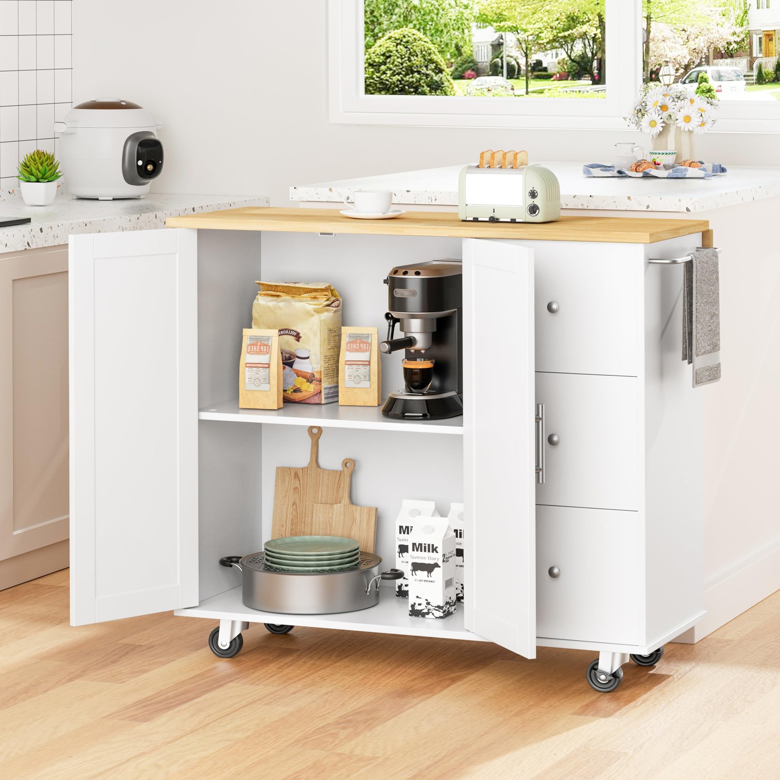Kitchen Island with Folding Drop Leaf, Rolling Island Table with Storage, Kit...