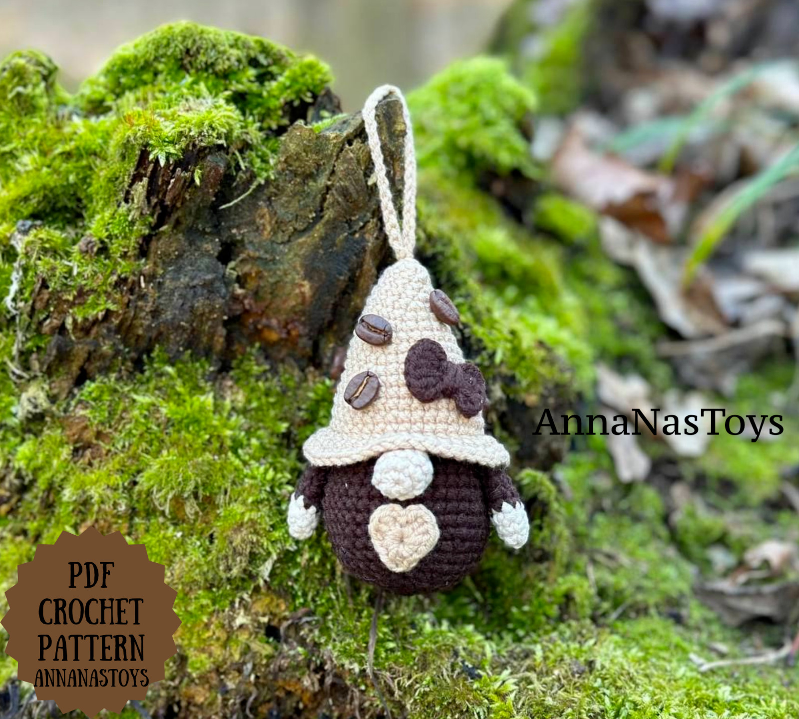 Coffee gnome keychain, Crochet PDF pattern gnome with coffee beens
