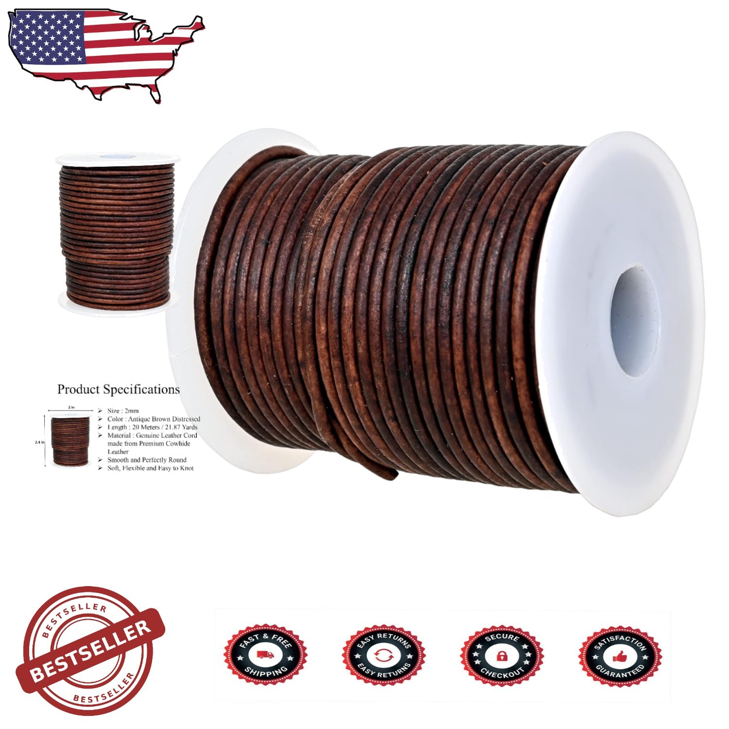 Versatile 2mm Leather String 65ft - Antique Brown, Waterproof, Jewelry Crafts