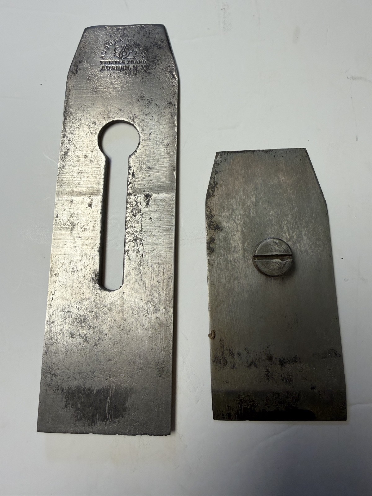 VINTAGE THISTLE BRAND PLANE CUTTER & CHIP BREAKER, 2 1/4" WIDE..AUBURN TOOLS