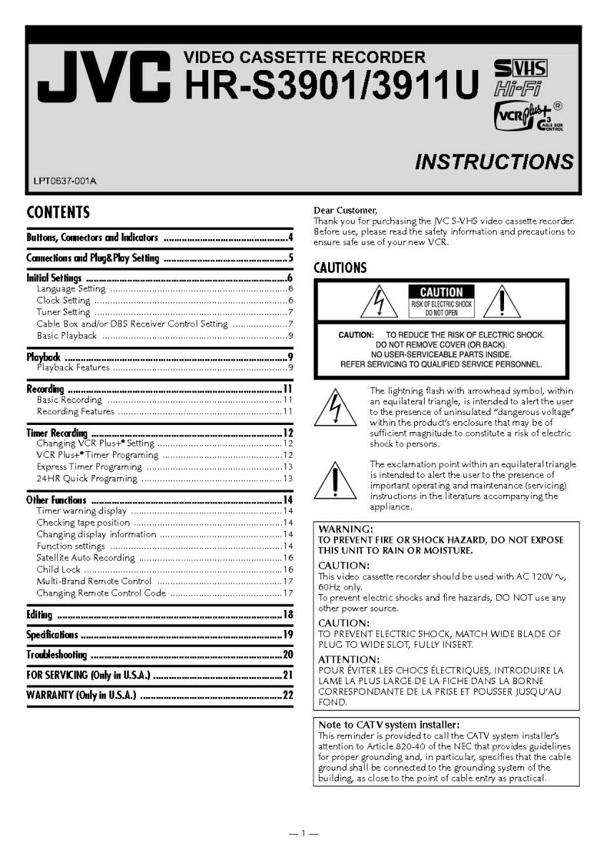 JVC HR-S3901 HR3911U VCR Owners Instruction Manual Reprint