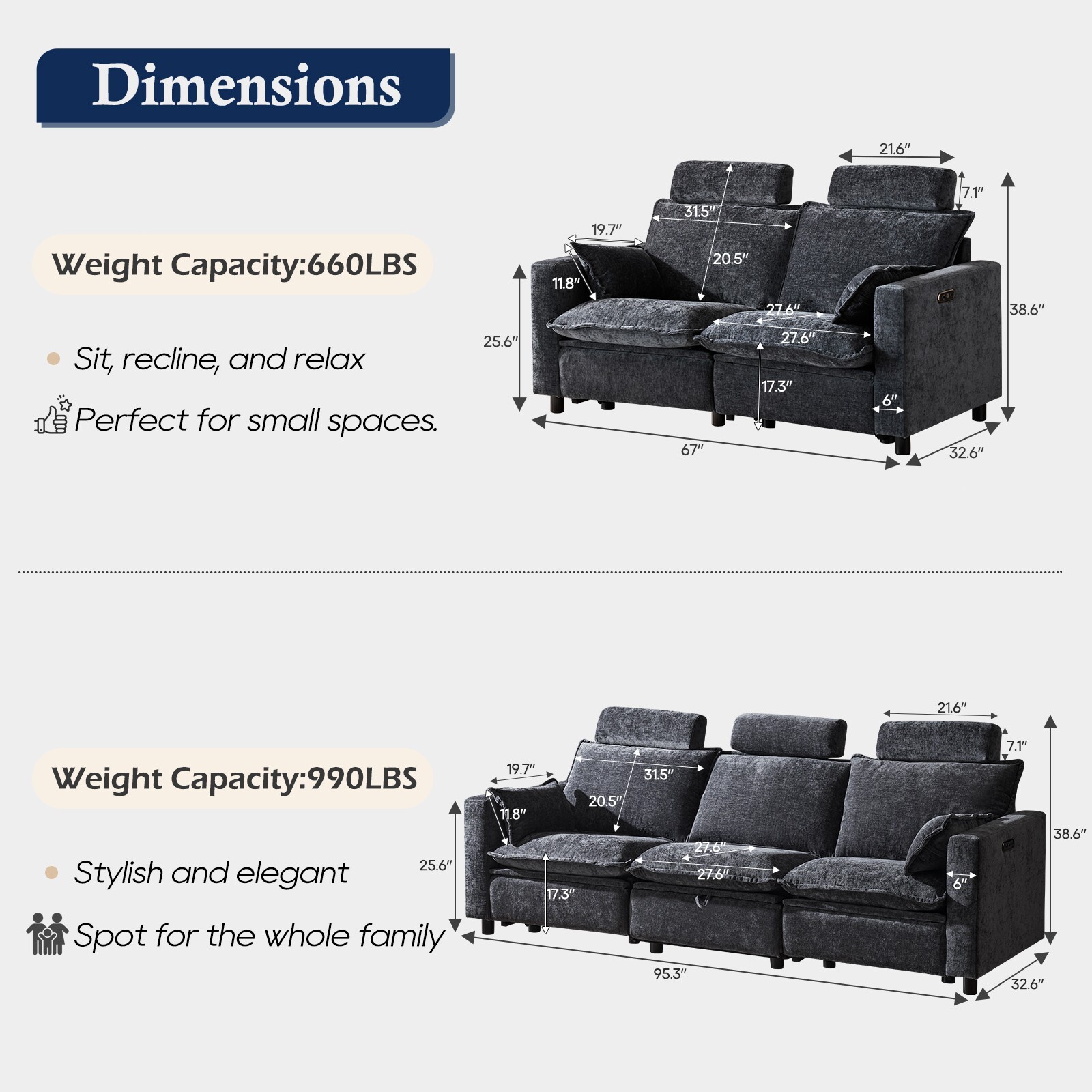 Electric Loveseat Recliner, Power Reclining Sofa with USB Ports, Cloud Couch