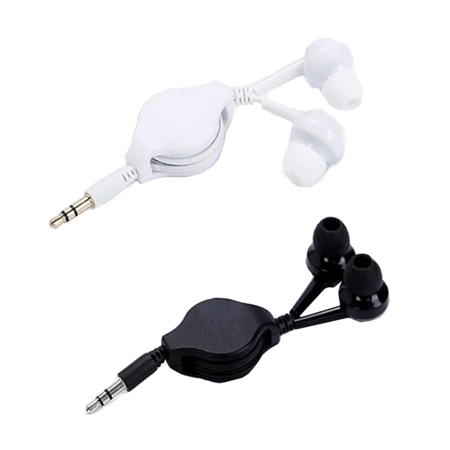 ThtRht 2 Pack Retractable Earbuds Wired Earphone Portable 80cm, black white