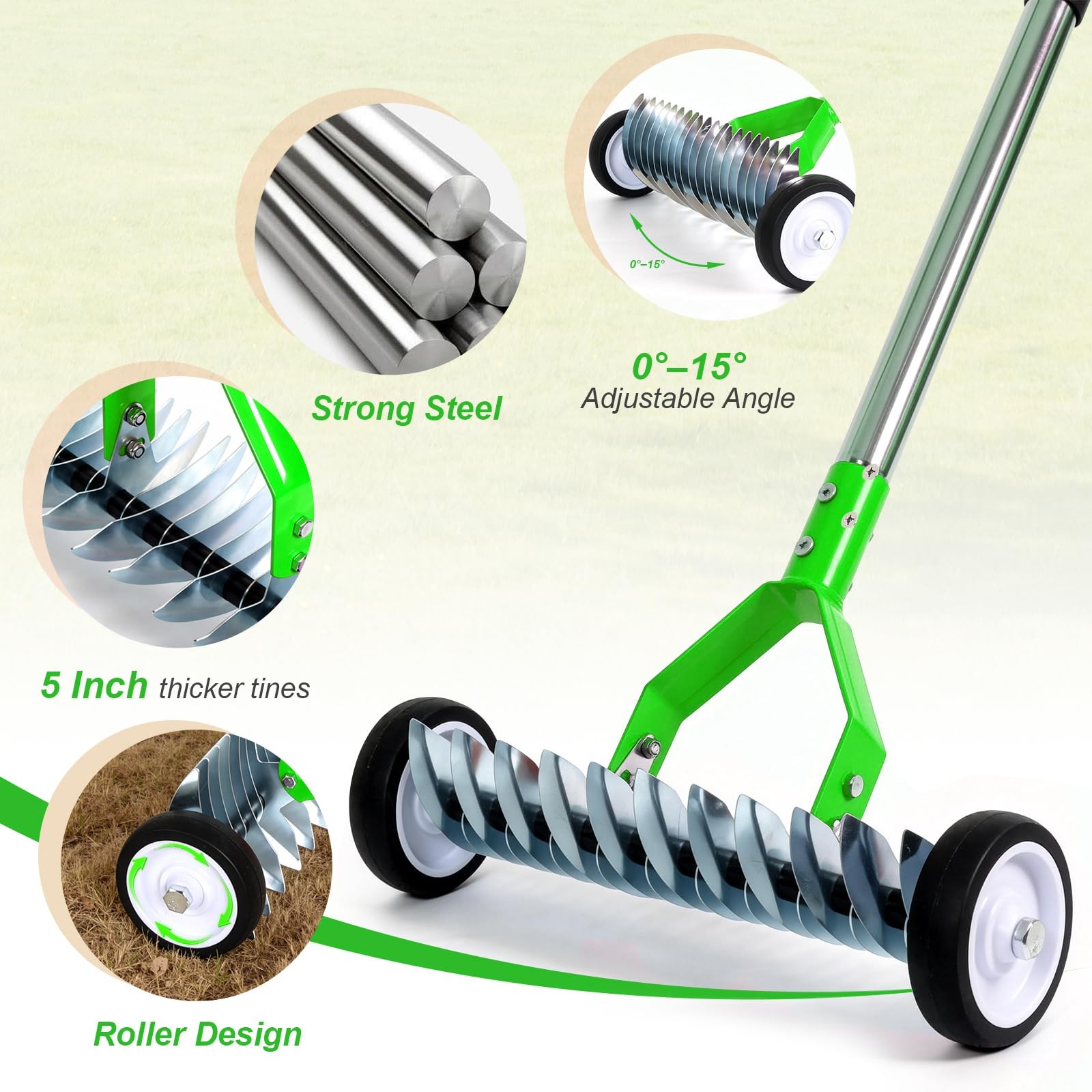 Thatch Rake, Adjustable Garden Rake Head and 38"65" Handle with Wheels, 21 & 11