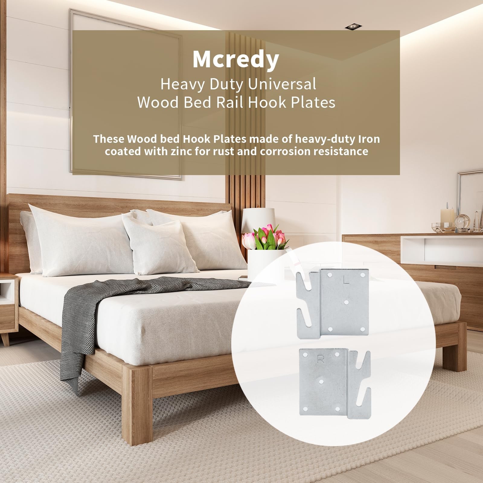 Mcredy Bed Rail Brackets, Heavy Duty Silver Bed Frame Hooks, 5-Hole, 4Pcs