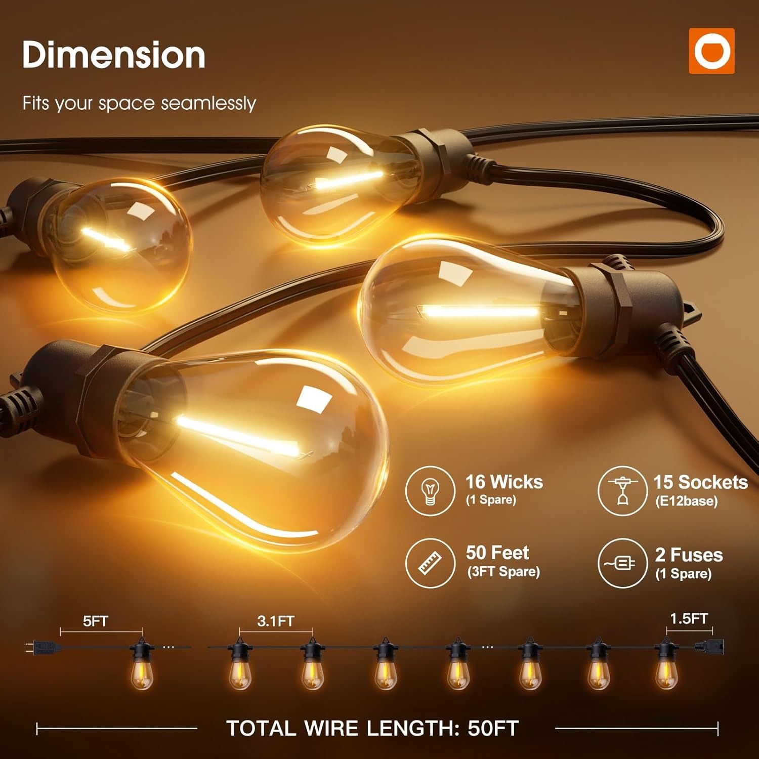 addlon 50FT LED Outdoor String Lights with Edison Shatterproof 50FT, Black
