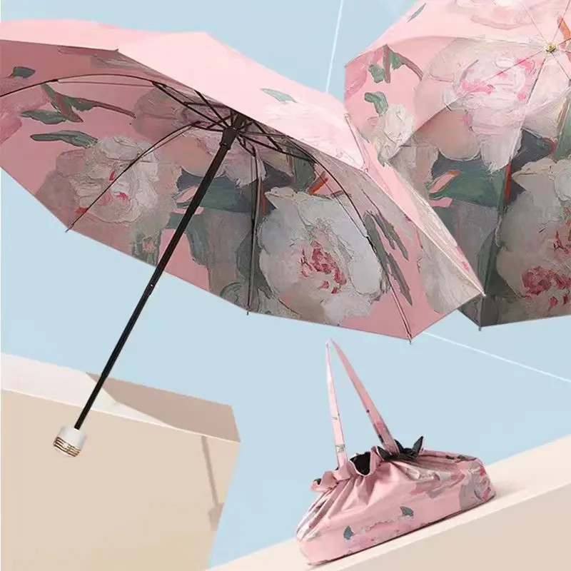 UPF50+ Folding Umbrella Double Layer Sun Rain Umbrella With Storage Bag UV Prote