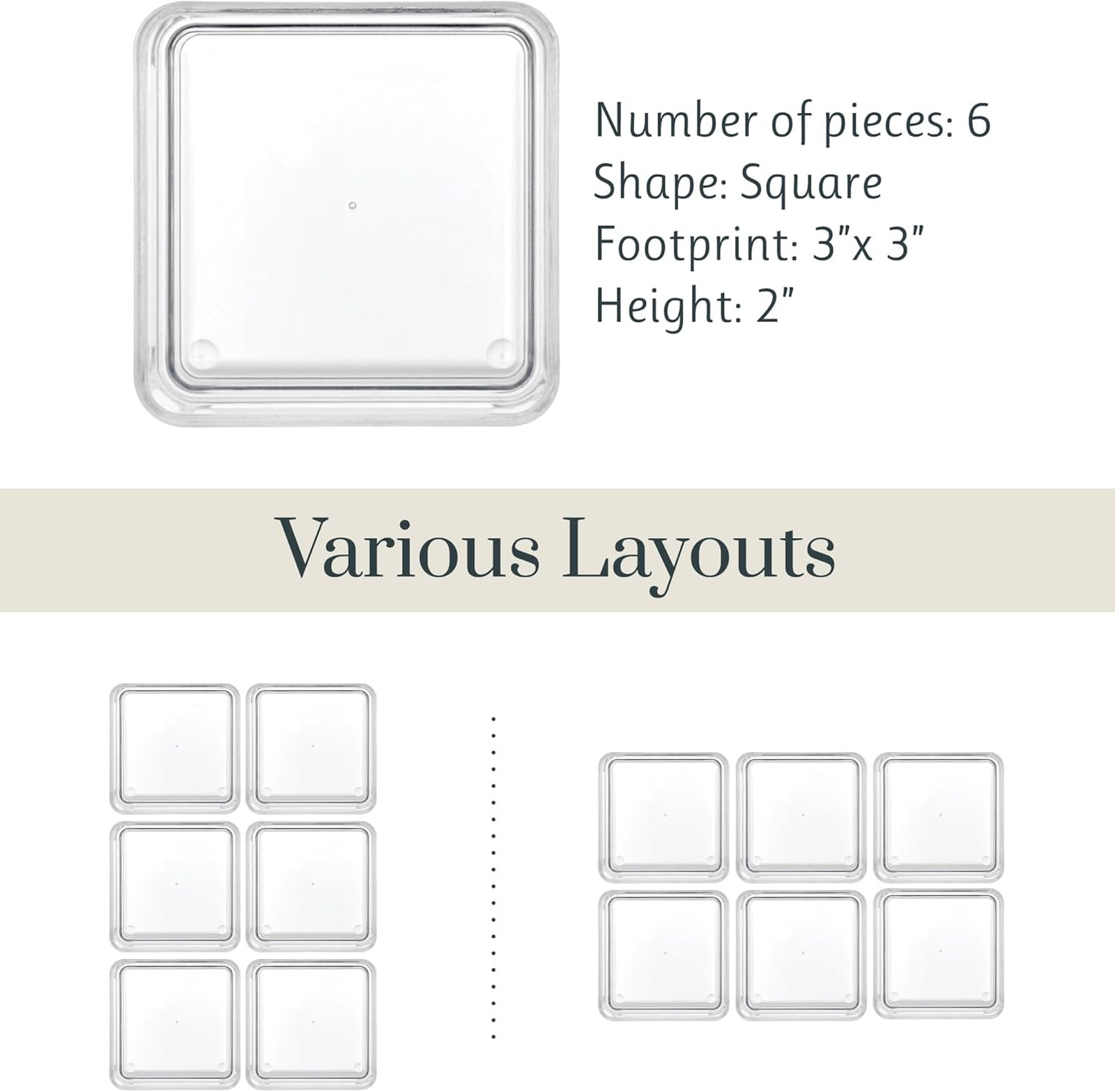 SimpleSort 6-Piece Stackable Clear Drawer Organizer Set, 3x3 Inch Square Bins
